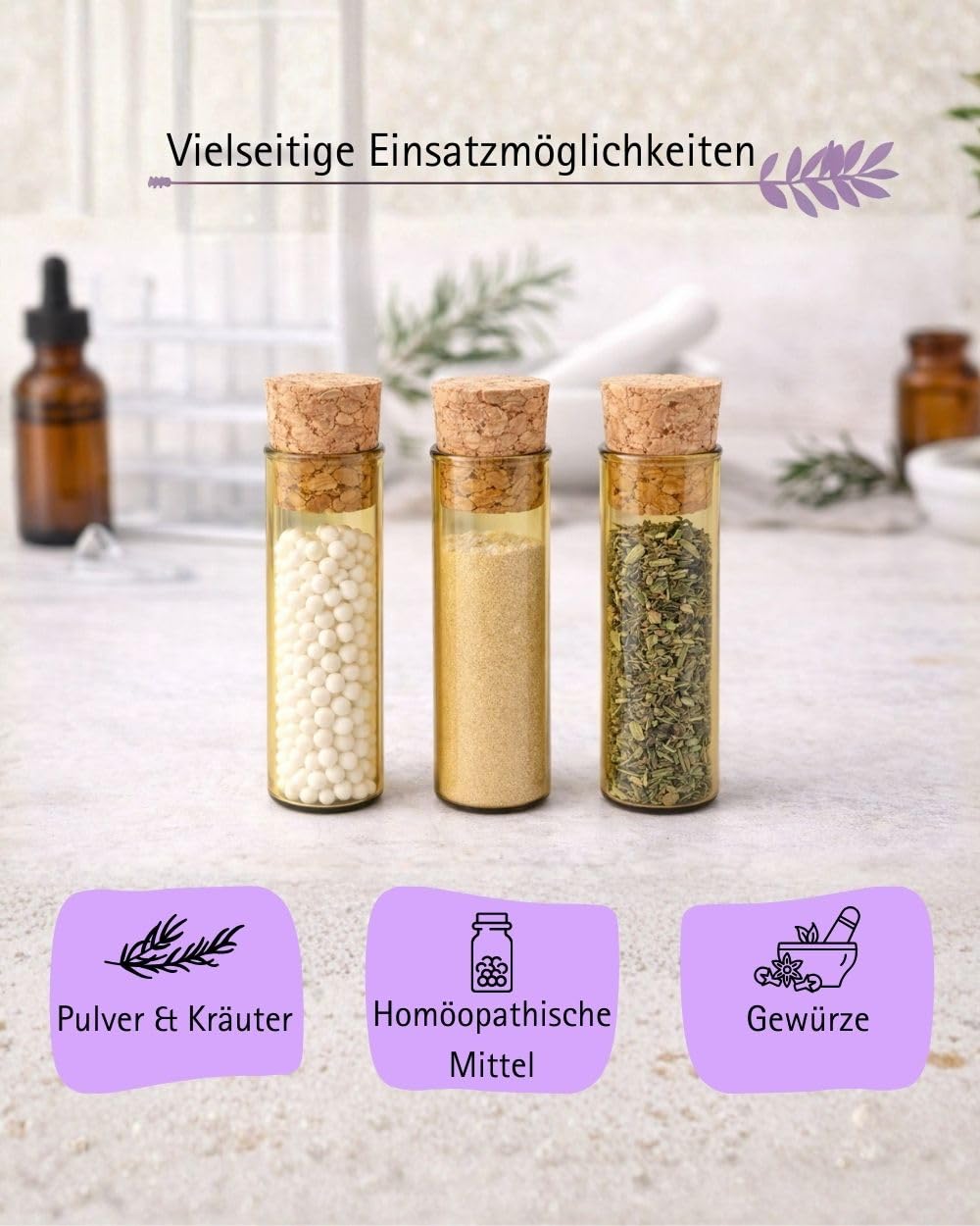 288 Stück Flachbodengläser | 50mm x Ø14mm | Globuligläser | UV-Schutz braune Laborgläser | Laborgefäß Braunglas| Reagenzglas stehend mit Natur Korkstopfen