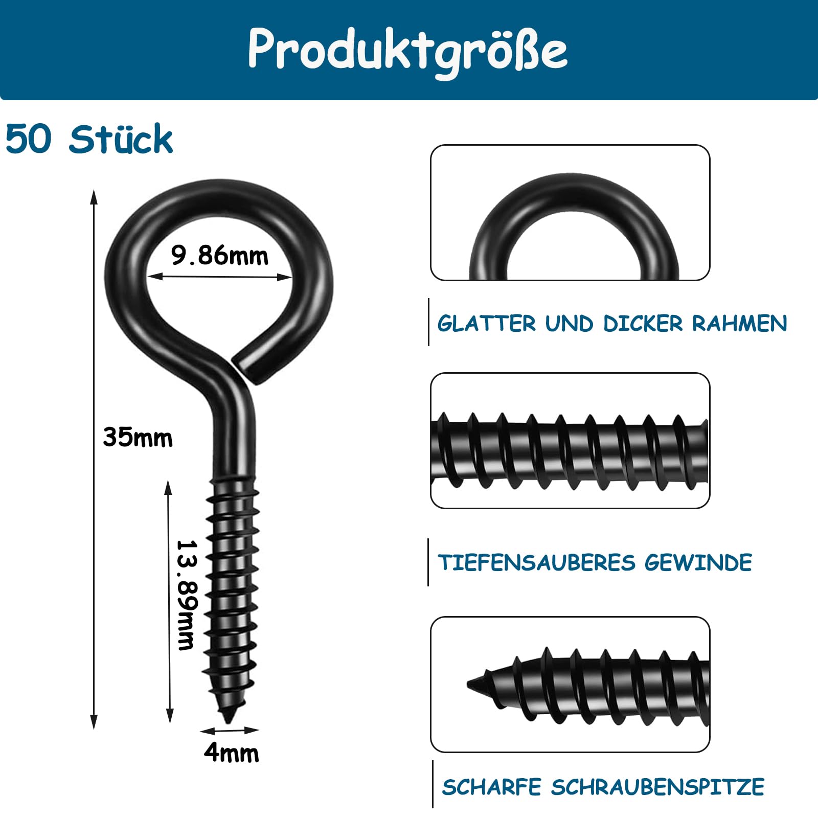 qingmeng 50 sztuk wkrętów z oczkiem, M8 x 35 mm, wkręty oczkowe, czarne, śruby oczkowe, stal węglowa, samogwintujące, pierścień do samodzielnego wykonania, korka, rzemiosła, wiszące drewniane ramki