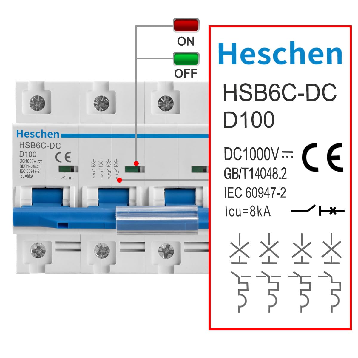 Heschen Interruttore in miniatura CC, HSB6C-DC, 4 poli, DC1000V 100A, Interruttore fotovoltaico, per sistema solare fotovoltaico Sistema di griglia pannelli solari PV, Montaggio su guida DIN 35mm