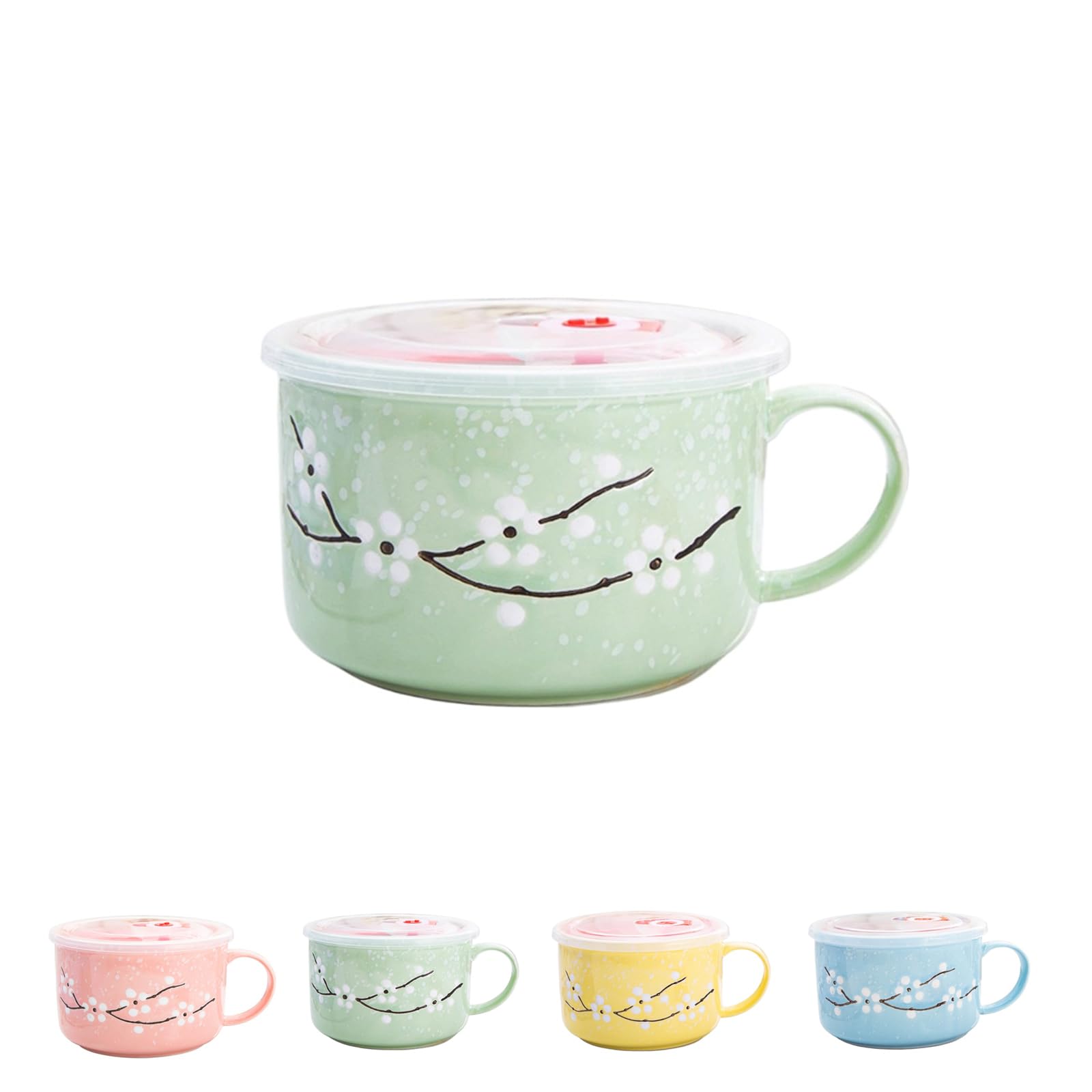 Ceramic Soup Bowl with Lid and Handle | Large 27oz Microwavable Instant Noodle Mug | Heat Preservation Food Container for Oatmeal, Cereal, Ramen & Travel | Leakproof & Dishwasher Safe (Green)