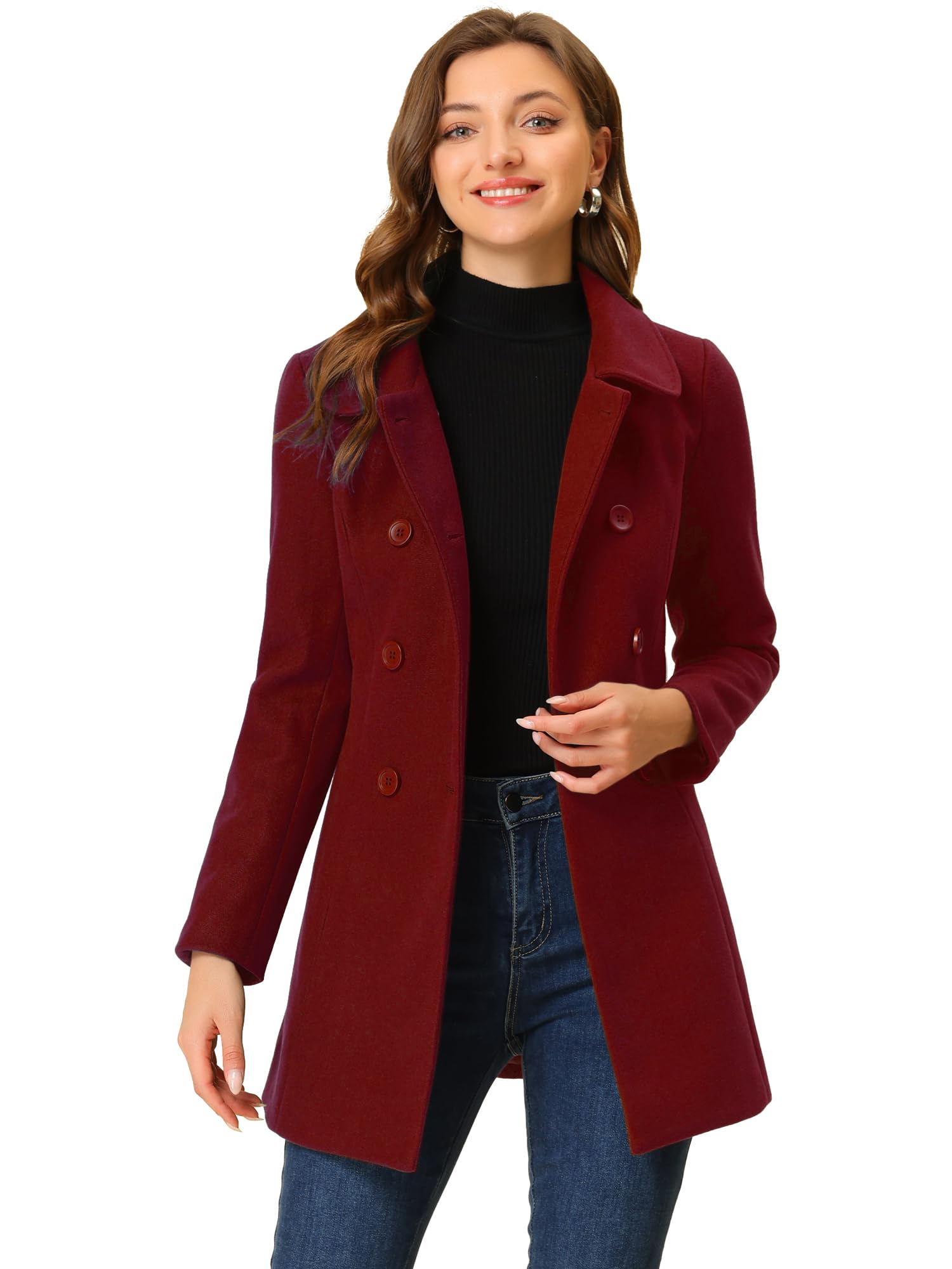 Allegra K Damen Coat Langarm Bubikragen Zweireiher Taschen Winter Trenchcoat Mantel