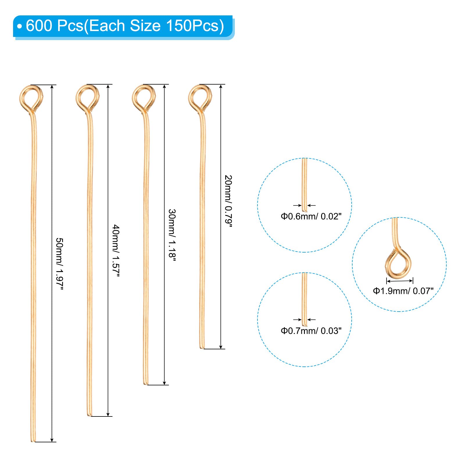 PATIKIL 600Pcs Light Gold Open Eye Pins, 20mm/30mm/40mm/50mm Jewelry Making Findings - Image 2