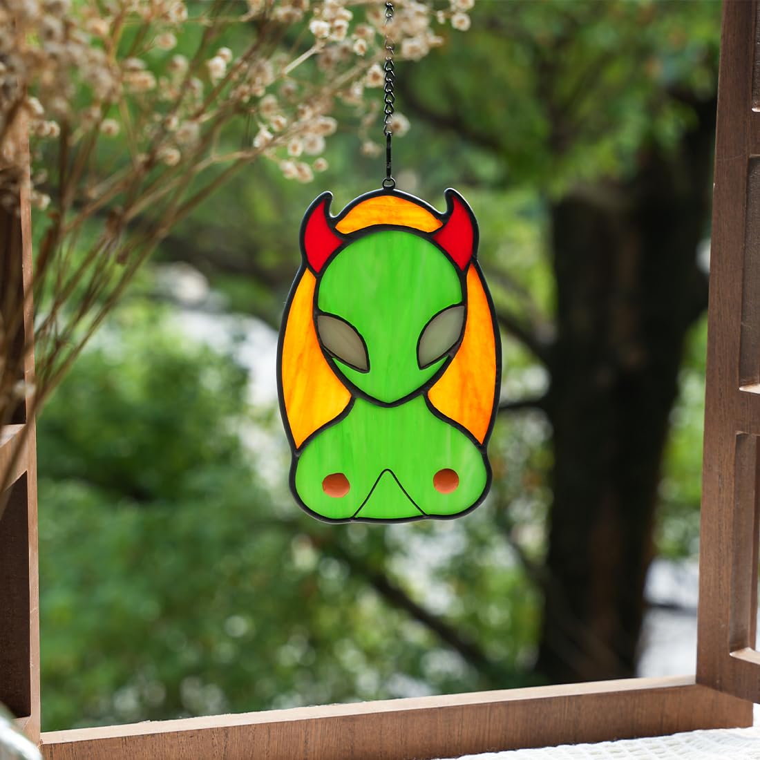 HAOSUM Buntglas-Fensterdeko: UFO-Alien-Sonnenfänger Für Wohnzimmer & Schlafzimmer – Handgefertigt In Grün