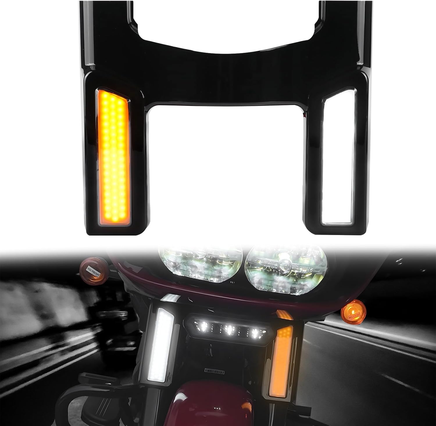 Front Fork Turn Signal Light for Harley Road Glide, Shock Absorber Covers with Dual-Color Running Turn Signal Lights for Harley CVO Road Glide 2021 2022