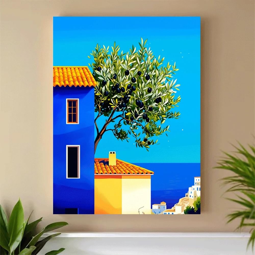LTjiajuypd Canvas Prints Poster Olive Tree Blue House Sea View Art Print Summer Home Decor(70x110cm/Frameless)