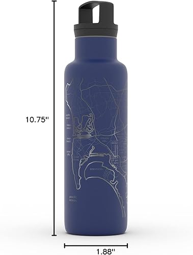 Miniatura 863 de Well Told Botella de agua aislada con mapa Chicago Illinois, grabado de acero inoxidable (21 onzas, gris muelle) botella aislada de mapa