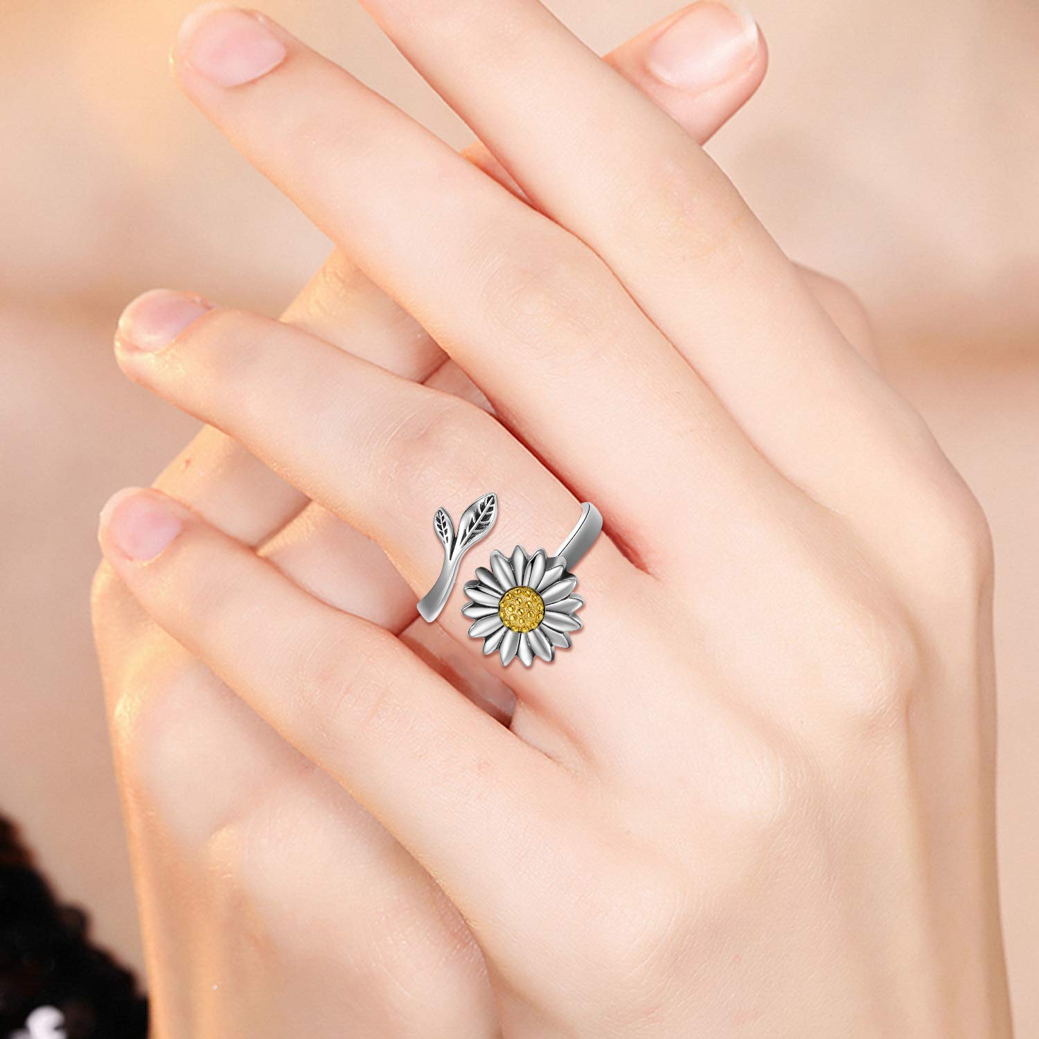 LONAGO Anillo de plata de ley 925 con diseño de girasol, diseño de margaritas de girasol, anillo abierto ajustable para mujer