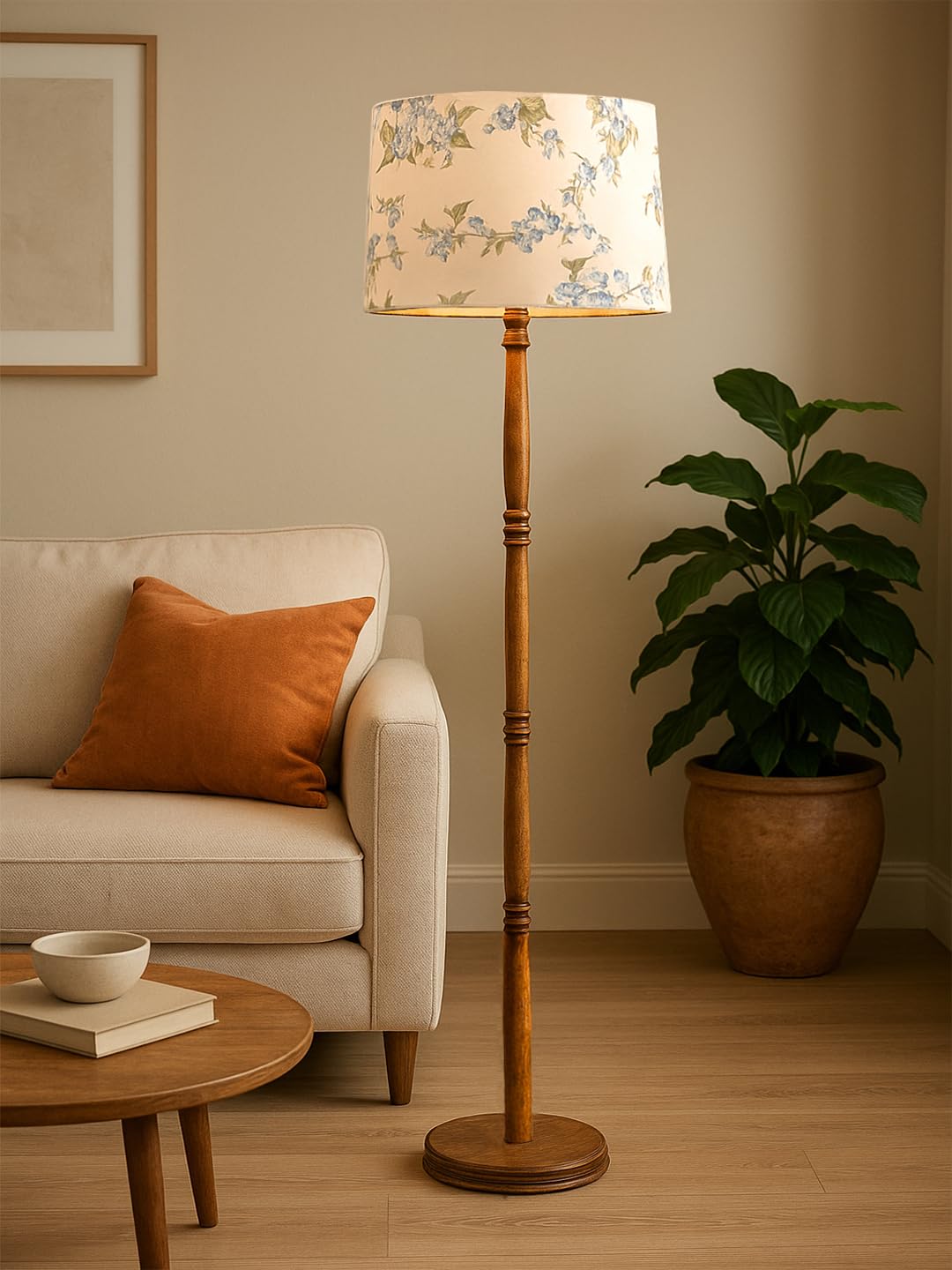 Hand Turned Wooden Floor Lamp with Shade for Living Room | Modern Standing Lamp for Bedroom, Office, Study Room & Home Décor | Warm Ambient Lighting (Cornflower)