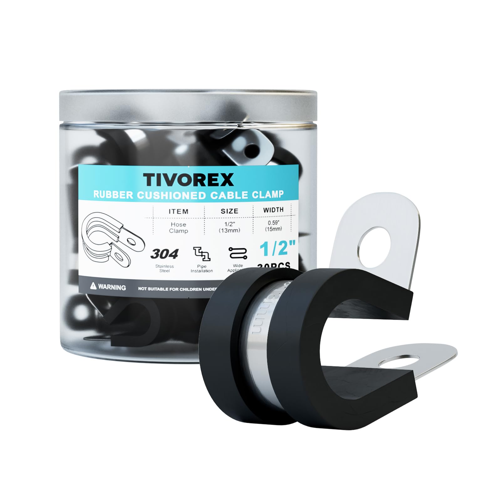 30PCS 1/2 Inch Cable Clamps, Tivorex 304 Stainless Steel Wire Clamp, Rubber Cushioned Insulated Hose Clamps for Tube, Pipe, Plumbing, Wire Cord