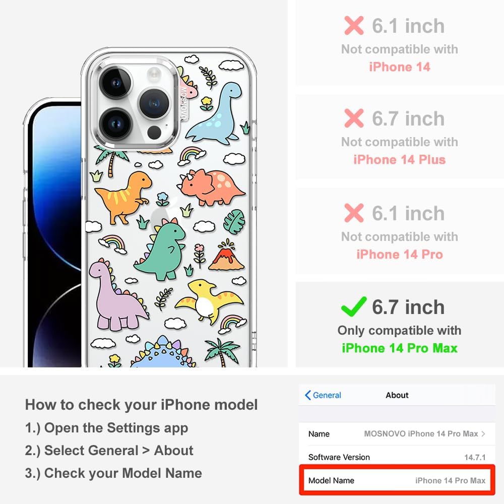 MOSNOVO for iPhone 14 Pro Max Case | Military Grade 6.6ft Drop Tested | Clear with Dinosaur Land Design - Image 2