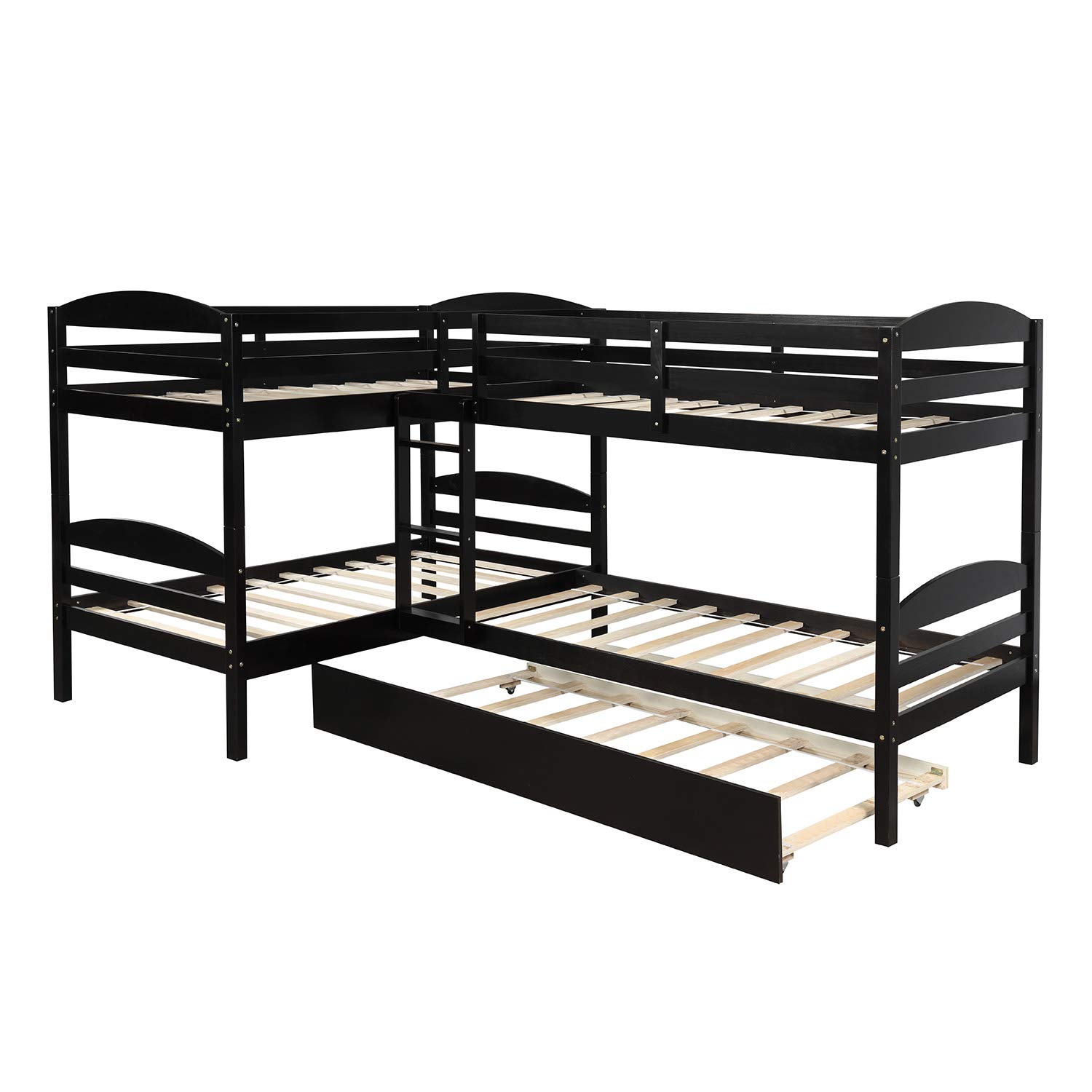 Twin Over Twin Bunk Bed for Kids, Wood LShaped Corner Bunk Bed Frame