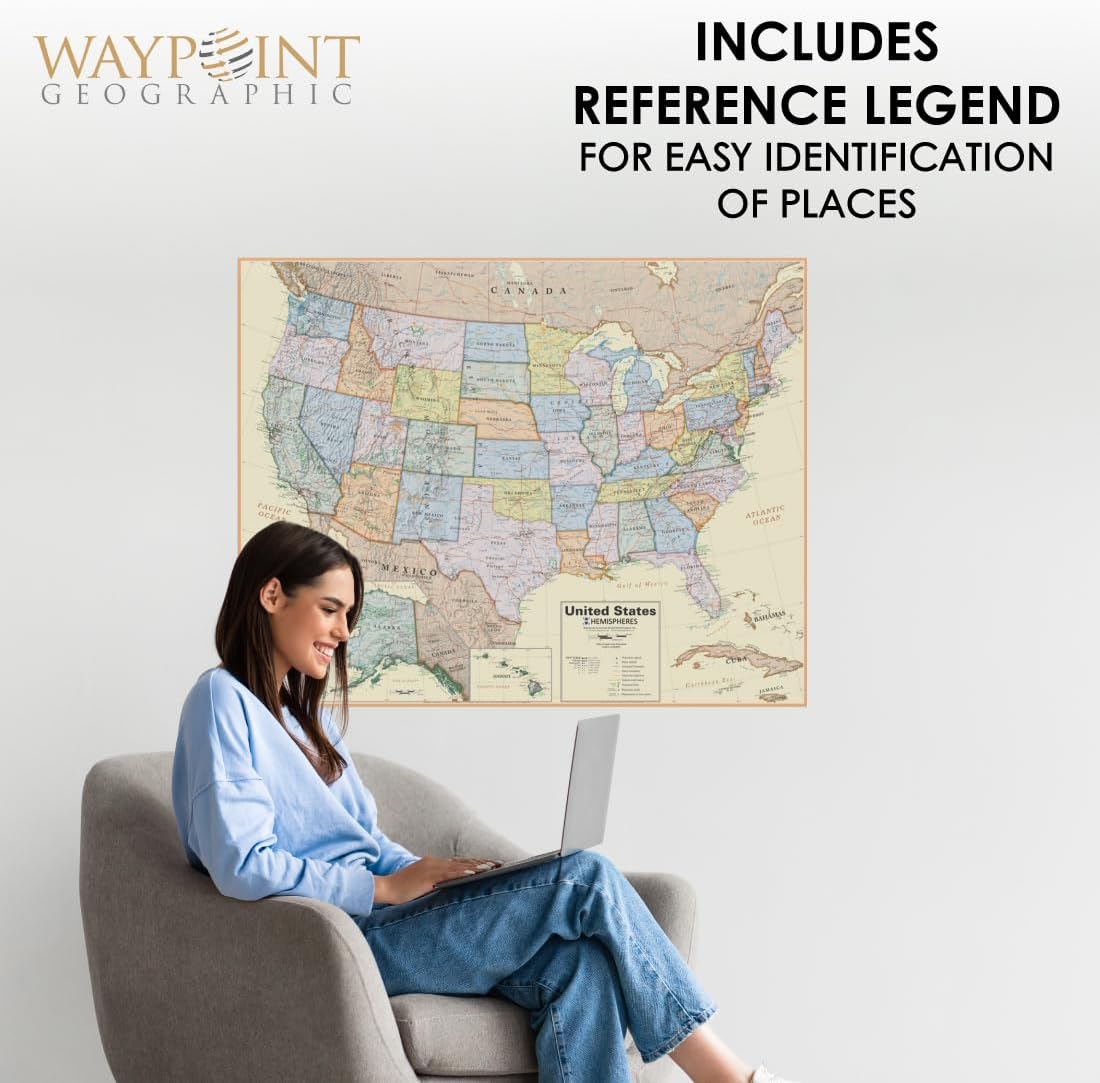 Waypoint Geographic Boardroom Series USA Wall Map, Antique-Style Laminated World Map Poster, Educational Wall Art For Home, Classroom, or Office, Unique Gifts, 48” x 38”