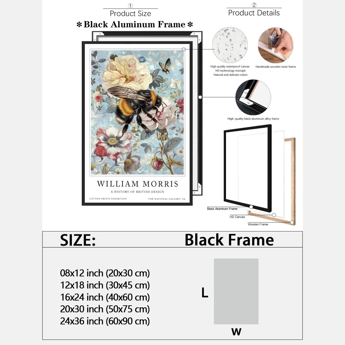 Bee Wall Art Vintage William Morris Posters Nature Inspired Plant Poster Dark Cottagecore Canvas Painting Retro Flowers Print Decor For Office Bedroom Living Room Decoration 12x18inch Unframed