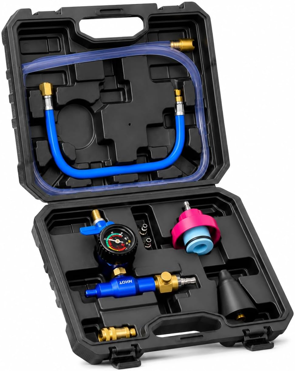 Mhot Coolant Vacuum Refill Kit, 9‑Piece All‑Aluminum Cooling System Tool for Radiator Refill & Pressure Leak Test, Burgundy Aluminum Adapter for Select Mercedes‑Benz Expansion Tanks
