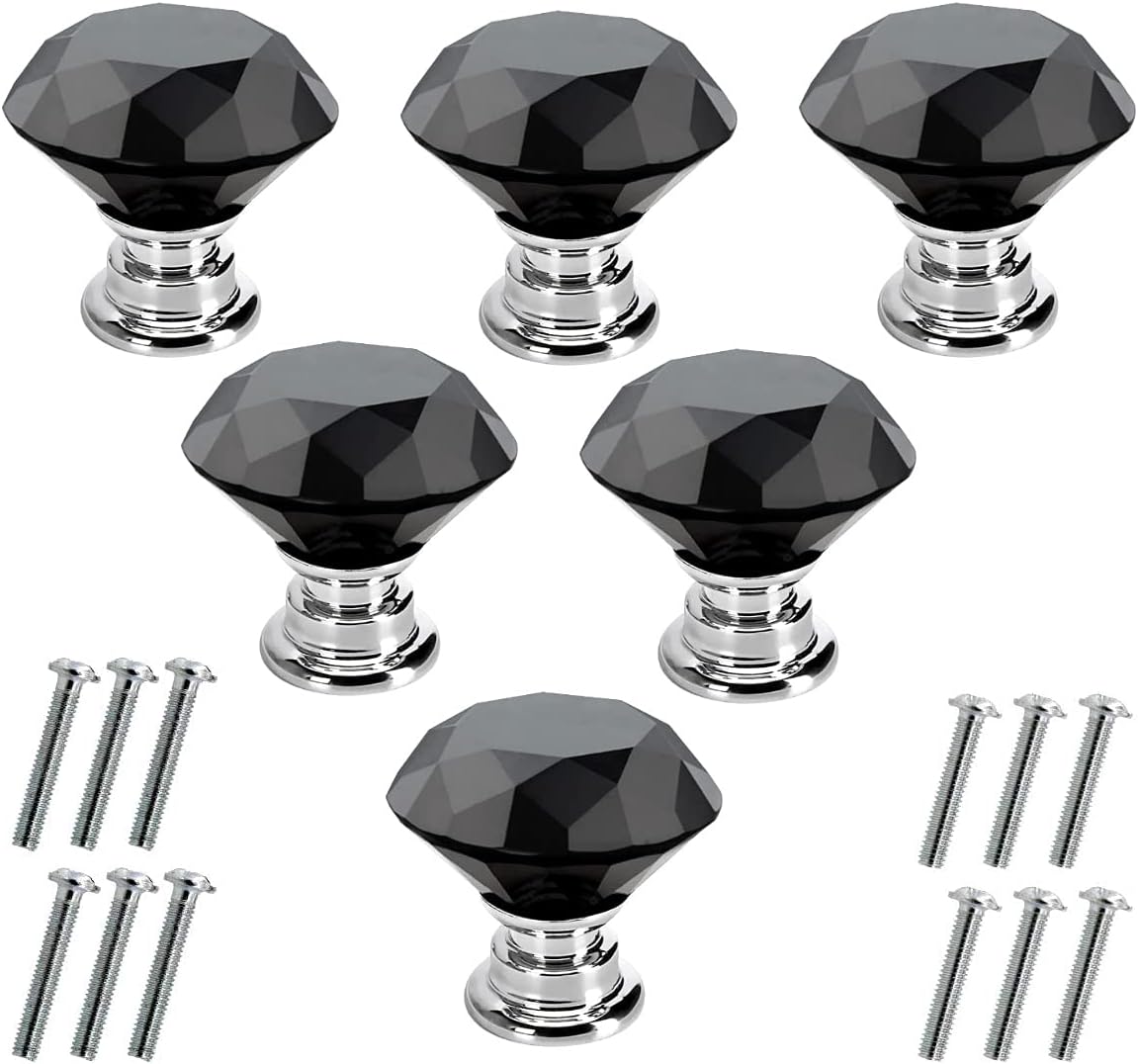 Akstore 6 Pcs Crystal Glass Cabinet Knobs 30mm Diamond Shape Drawer Kitchen Cabinets Dresser Cupboard Wardrobe Pulls Handles (30mm, Black)