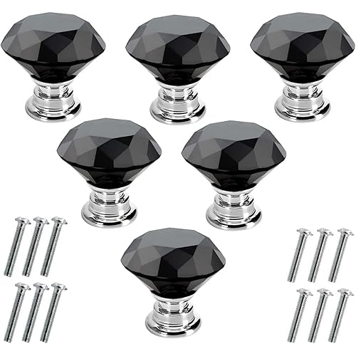 Akstore 6 Pcs Crystal Glass Cabinet Knobs 30mm Diamond Shape Drawer Kitchen Cabinets Dresser Cupboard Wardrobe Pulls Handles (30mm, Black)