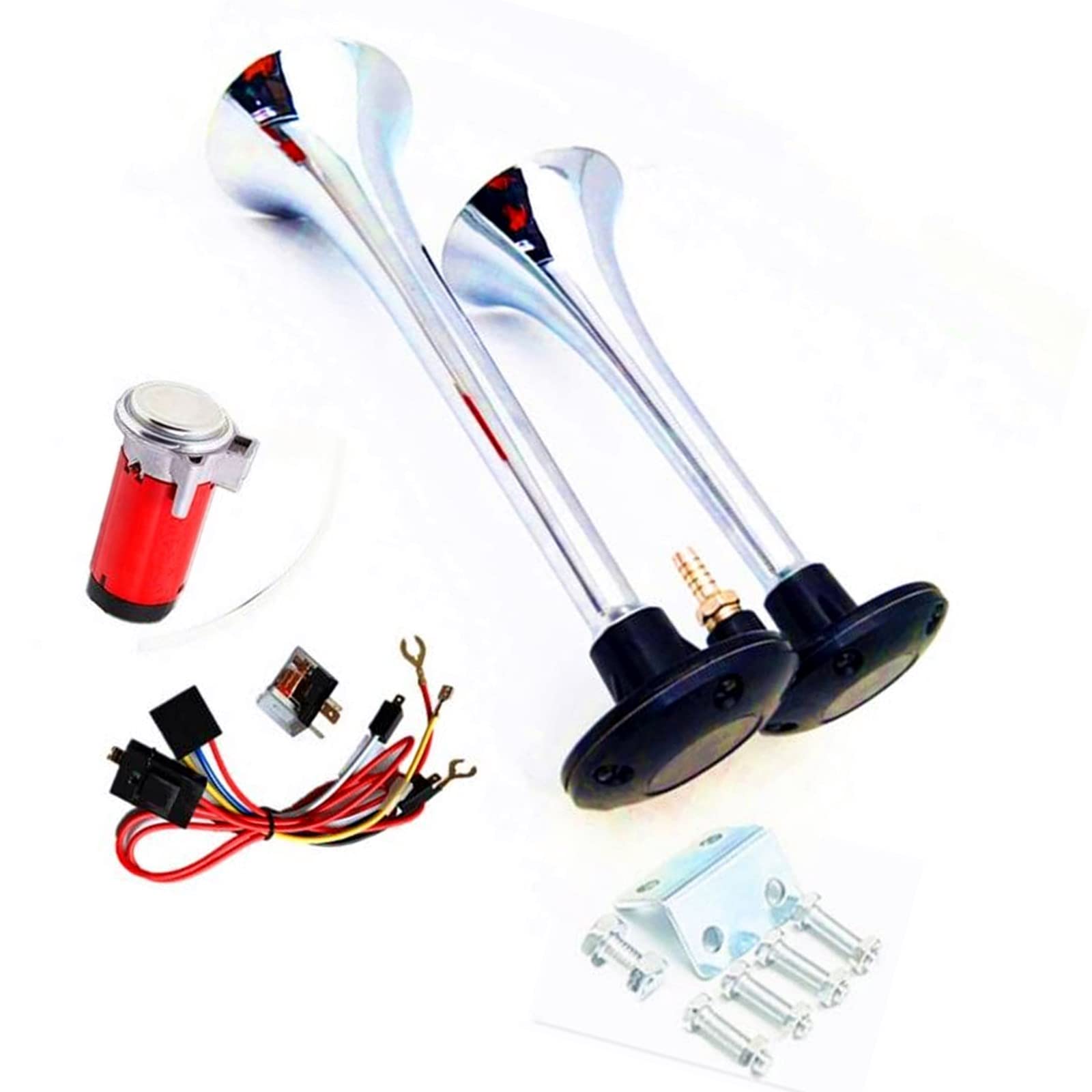 Klaxon de Voiture 150db 24V Haut-Parleur Chrome Zinc Argent Double Tube Trompette Avec Rouge Pompe à Air Pour Camion Bateau Moto