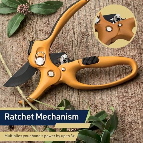 Ratchet Anvil Pruning Shears for Gardening - 5” Heavy Duty Ratcheting Garden Shears Clippers with Carbon Steel Blade for Weak Hands or Arthritis, Hand Pruners for Gardening Tools by Kings County Tools - Thumbnail 2
