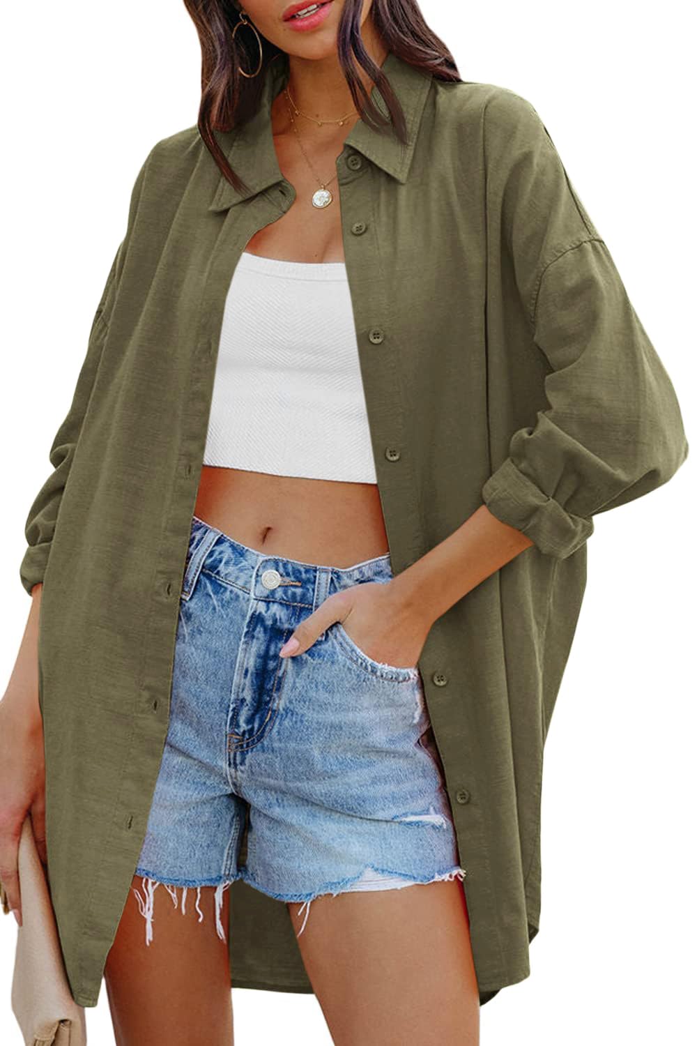 Cicy Bell Damen Bluse Oversized Langarm Button Down Shirts Baumwolle Oberteil Casual Einfarbig T-Shirts Herbst Locker Tops mit Taschen