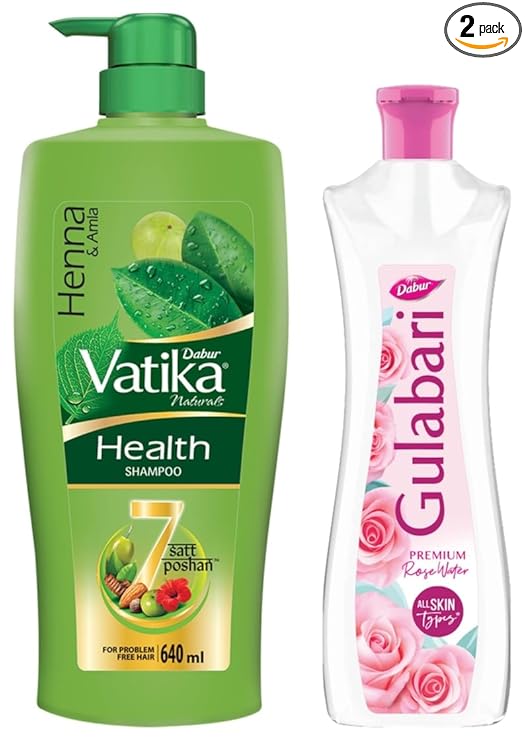 Dabur Vatika Health Shampoo, with Henna & Amla for Problem Free Hair – 640ml & Dabur Gulabari Premium Rose Water – Natural, 400 ml at Rs. 273