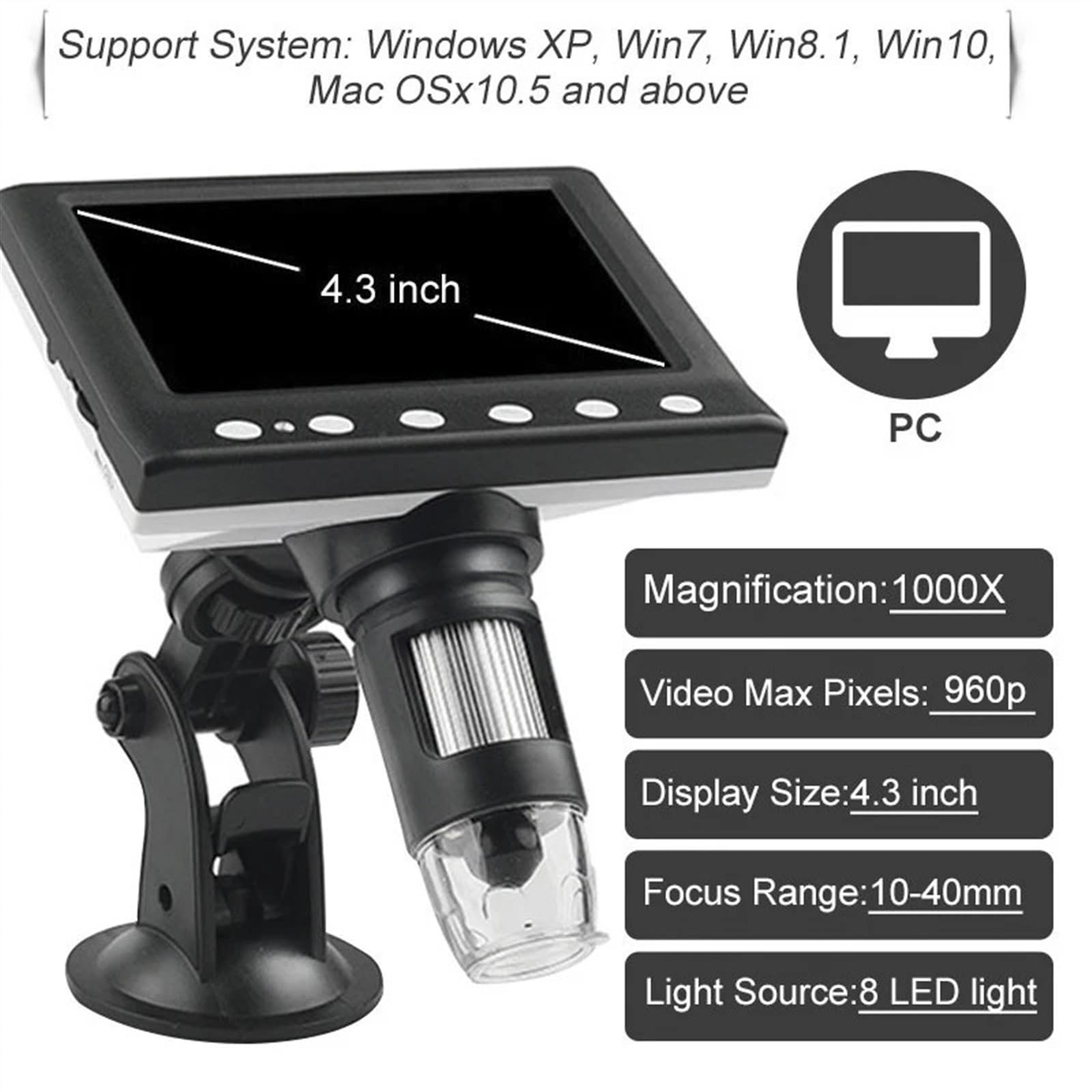 4,3-calowy cyfrowy mikroskop LCD USB 1000X przemysłowy mikroskop elektroniczny 8 diod LED do inspekcji PCB wykrywanie antycznych monet