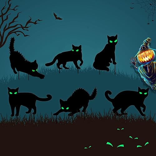 Miniatura 2 de Paquete de 6 carteles de decoración de gato negro de Halloween con estacas que brillan en los ojos oscuros, aterradores, impermeables, para patio,