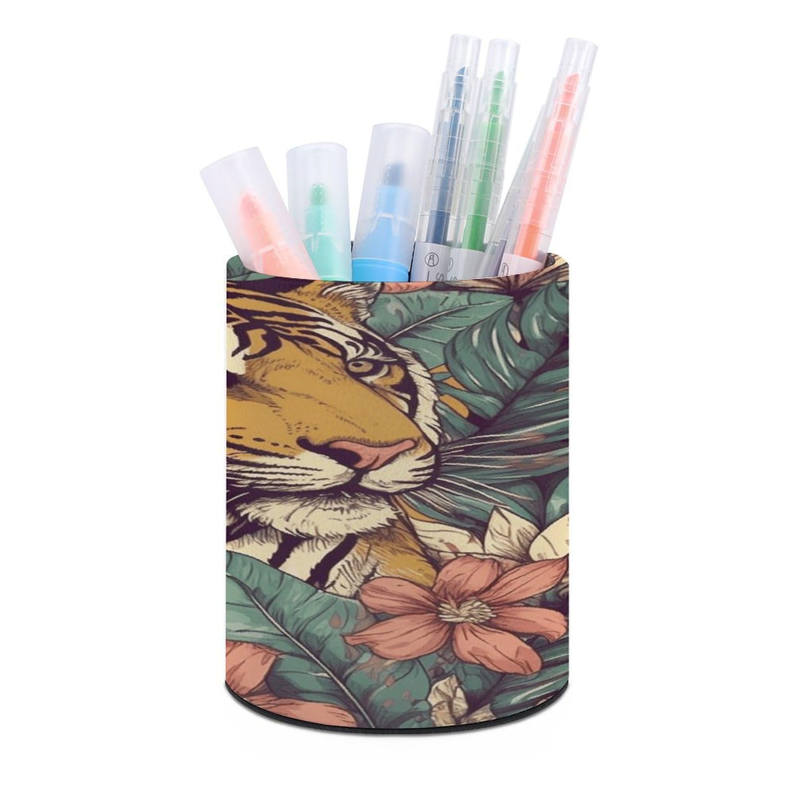 VstaDank Tropical Tiger Pen Holder PU Leather Pencil Cup Minimalist Desk Pencil Holder Round Make Up Brush Organizers For Office Dorm Room&Vanity Desk Accessories