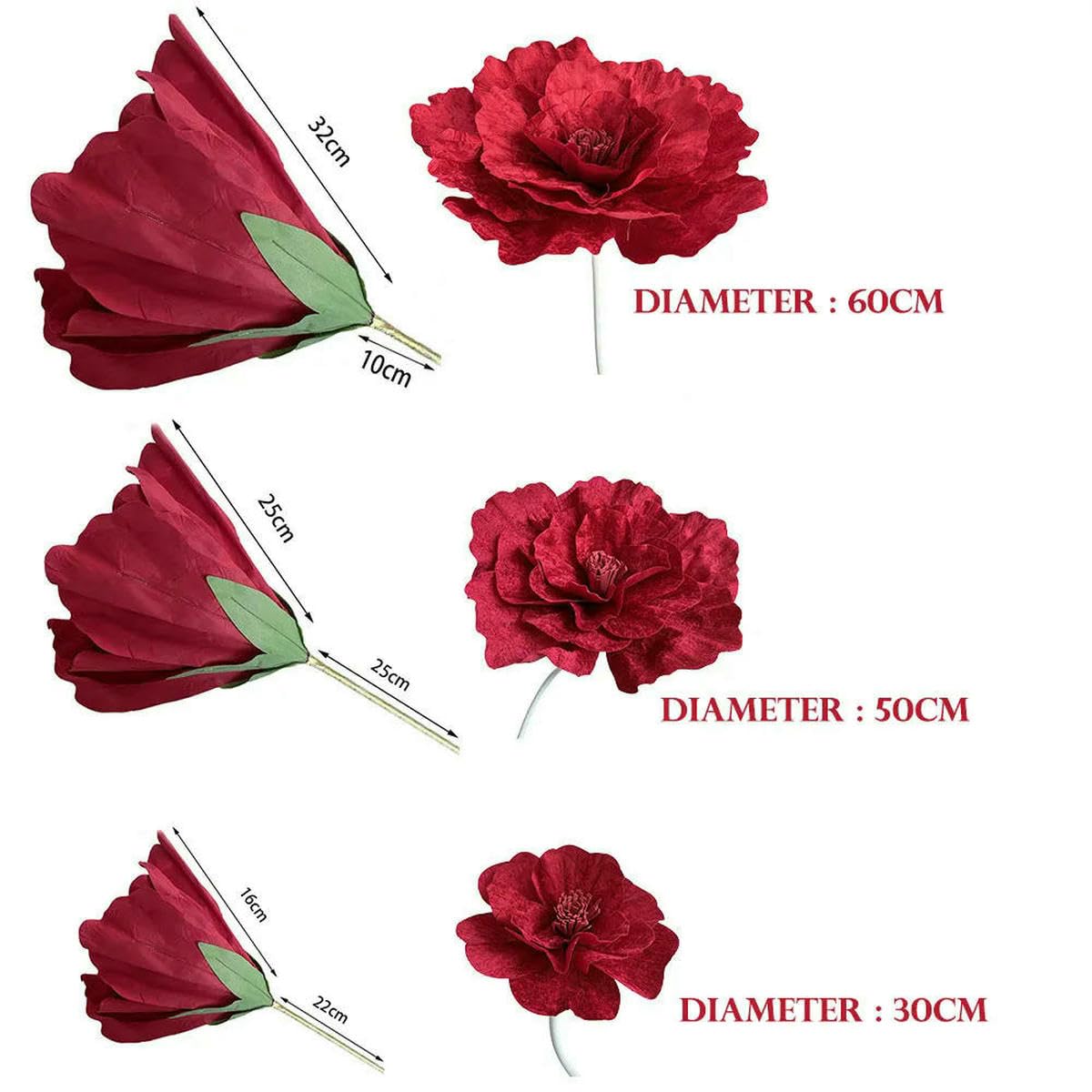 30-60 cm di fiori giganti artificiali di peonia, di rosa artificiale rosso vino, fiori per guinzaglio, decorazioni per vetrine di matrimoni, 60 cm rosso vino