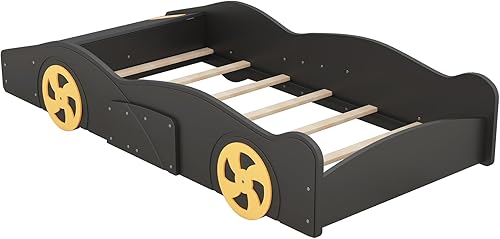 Miniatura 6 de Cama de plataforma en forma de auto de carreras de tamaño individual con ruedas y almacenamiento, marco de cama de madera maciza con barandillas