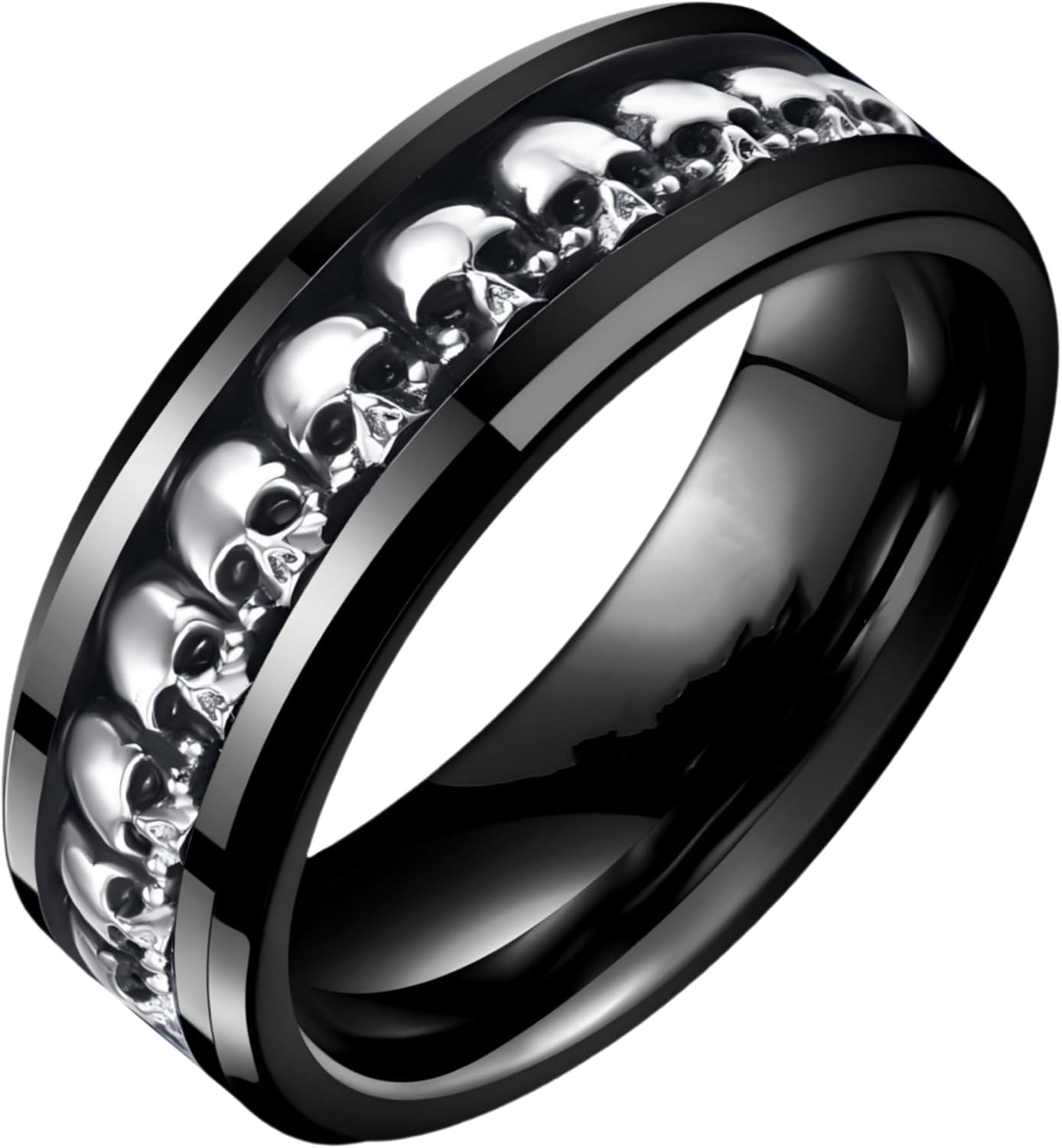 NUNCAD Personalized Mens Rings Sterling Silver Skull Inlay Black/Silver Tungsten Carbide Band 8mm Gothic Demon Skeleton Engraved Band Viking Jewelry Gift Comfort Fit Size 8-13