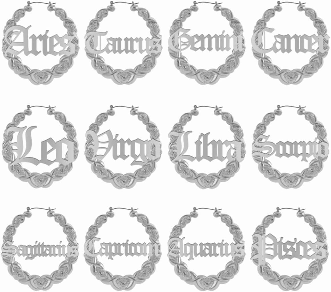 Zodiac Bamboo Hoop XOXO Earrings - Sterling Silver Plated Earrings for Women Astrology Earrings Fashion Jewelry 90's Earrings for Women Hip Hop Style Party Accessory