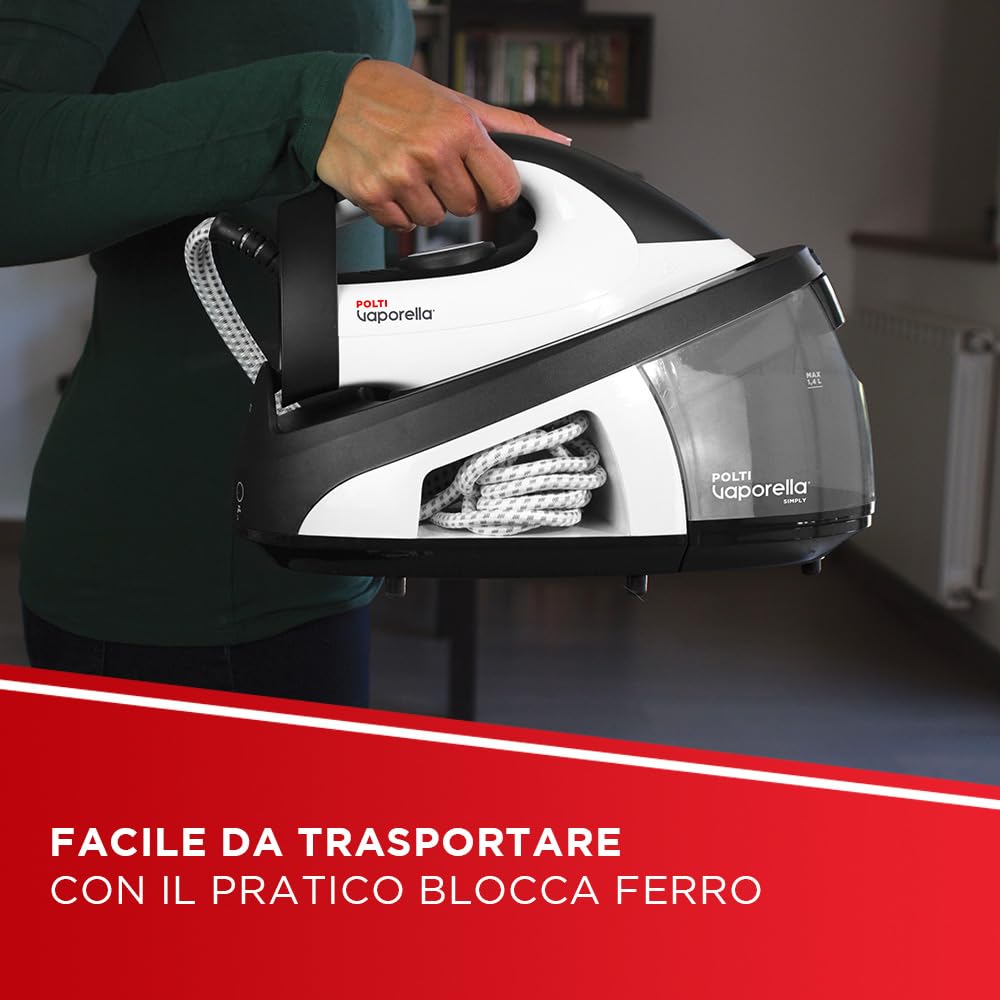 Polti Vaporella Simply VS20.20, Ferro da Stiro Generatore di Vapore, Serbatoio Estraibile 1,5 L, Pressione Pompa 6,5 Bar, Potenza 2200 W, Funzione ECO, Bianco e Nero