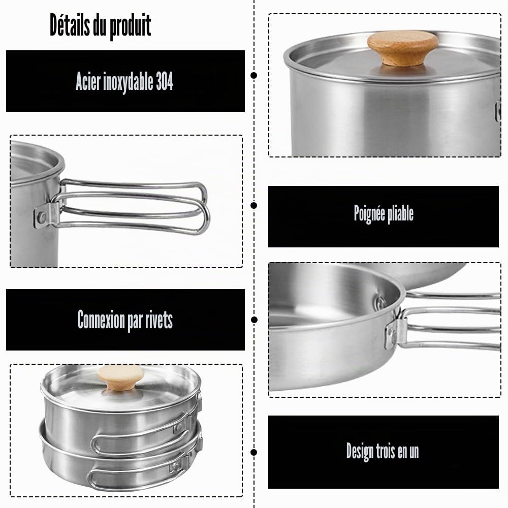 Kit de Casseroles Camping, Portable Camping avec Poignée Pliable Batterie Cuisine de Camping en Acier Inoxydable Set Casserole Camping Plein Air pour Randonnée