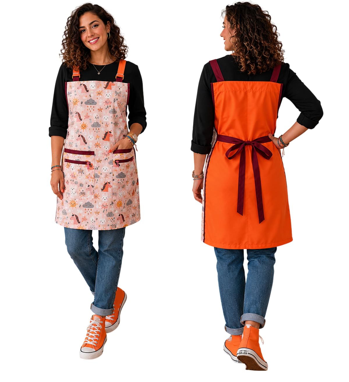 Delantal Maestra Unicornios Rosas Galba® | Estola Infantil y Primaria | Algodón | Naranja Flúor | 4 Bolsillos | Tirantes Regulables | + Regalo | Talla 2XL
