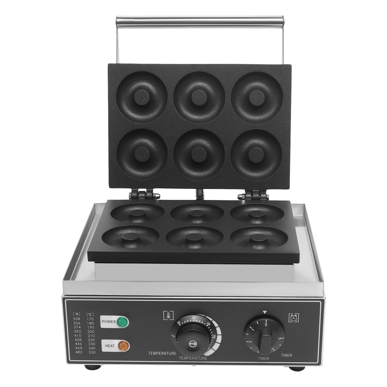 Commercial Doughnut Maker, 6 Grids 7.5cm Electric Donut Maker Machine Stainless Steel Nonstick Double-side Heating Mini Donut Baker Machine 110V 1550W for Restaurant Snack Bar, 122-572 °F