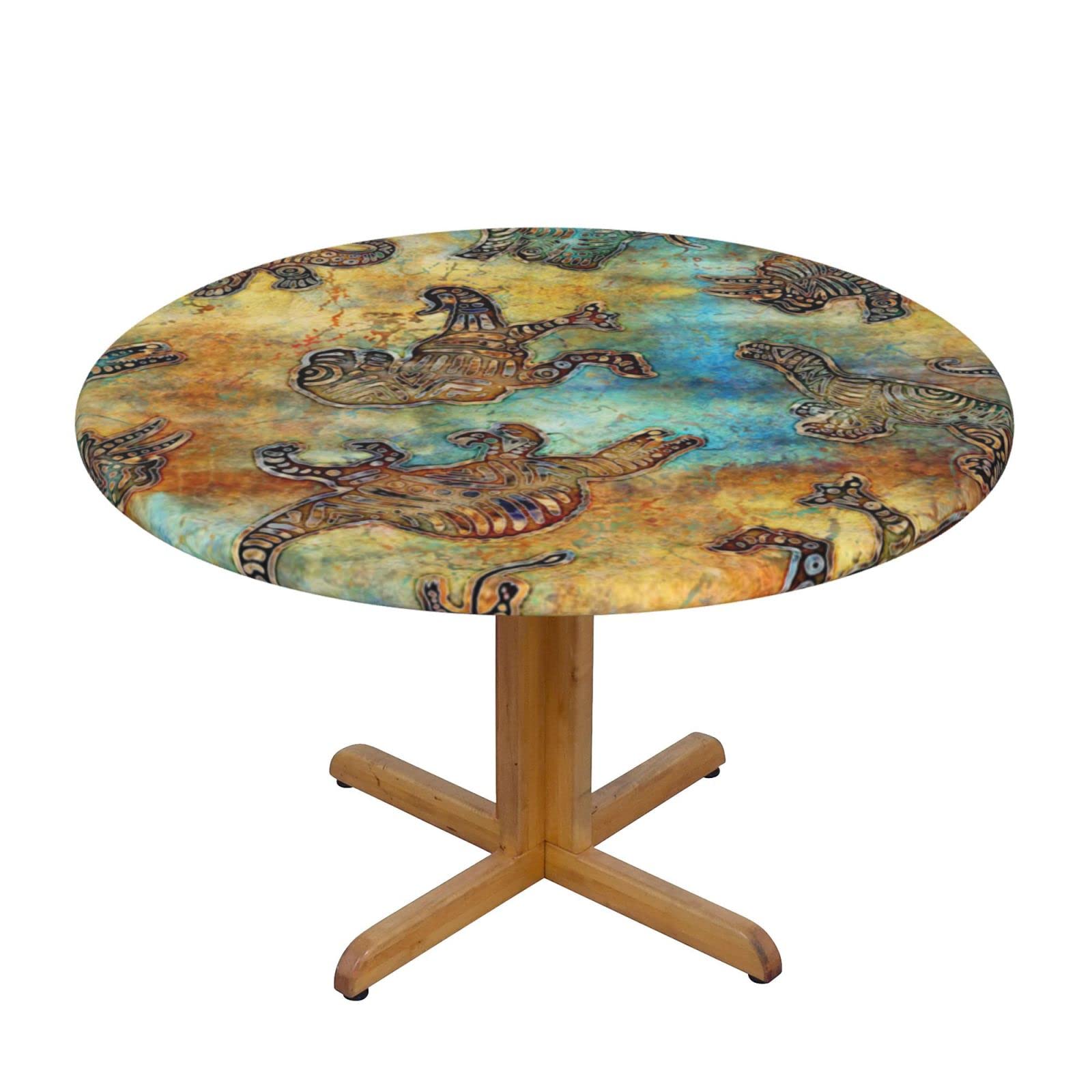 Lsjuee Round Fitted Tablecloth 40-44in Elastic Edged Table Cloth for Kitchen Dining Party Home Decor - Dinosaur Metal Texture Tribe Fossil