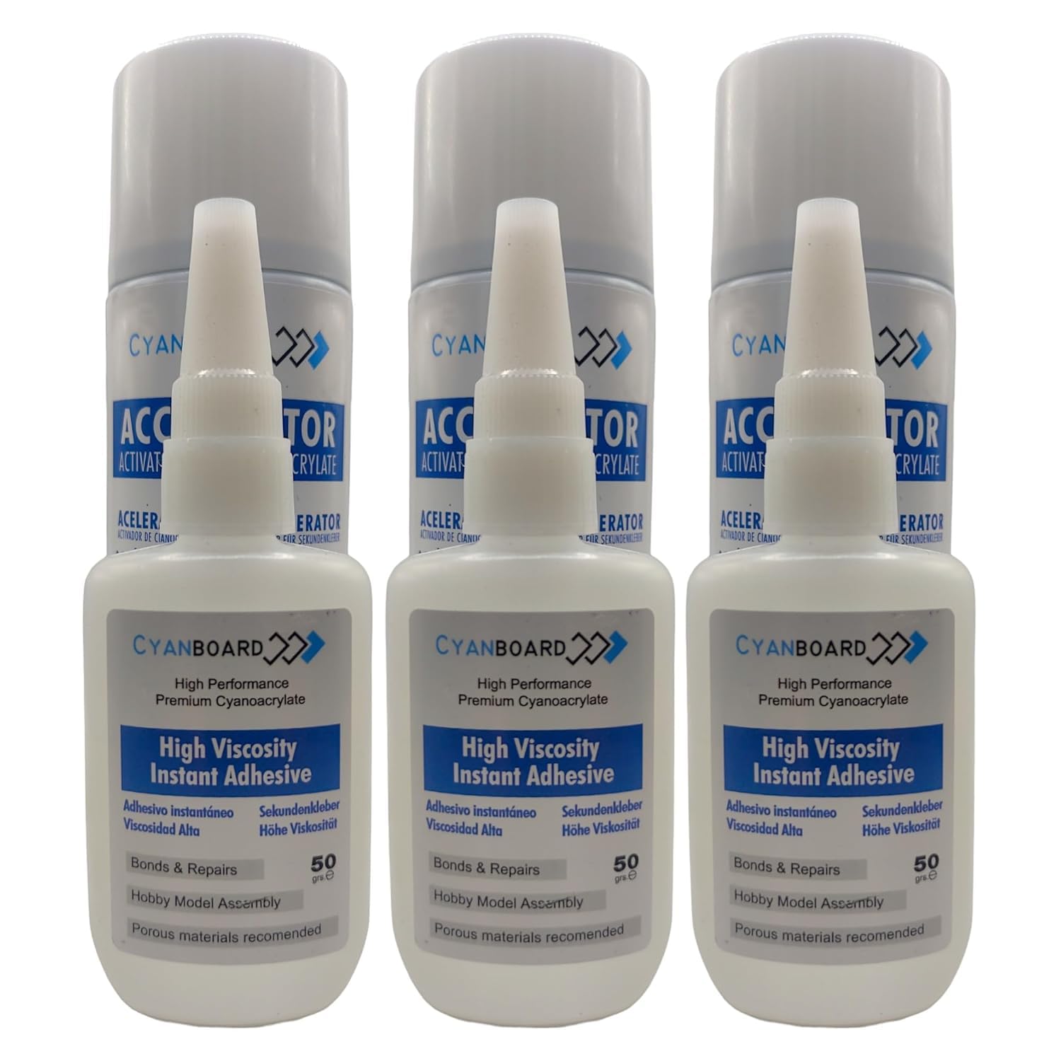 Kit 3 X Adhesivo de Cianoacrilato de Alta Viscosidad (3 X 50grs) + 3 X Activador Acelerador Tapa Poros (3 X 200ml), Adhesivo Instantáneo para Materiales Porosos: Madera, Goma, Cuero