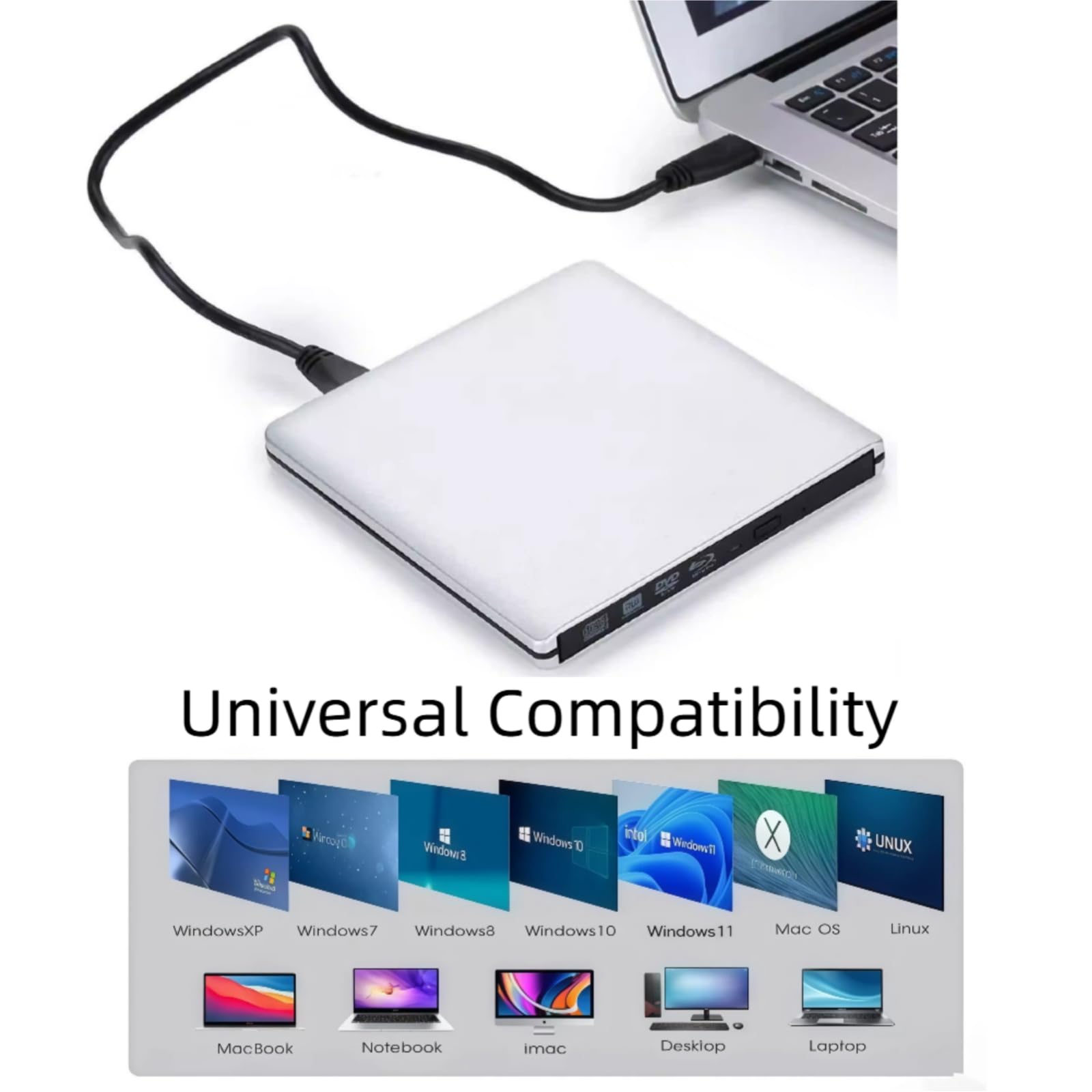 JOTEC Unità Blu-Ray esterna in alluminio 4K UHD, masterizzatore Blu-ray 4K USB 3.0 e tipo C, doppia interfaccia, compatibile con tutti i modelli PC e Mac surpport 100 GB 128 GB