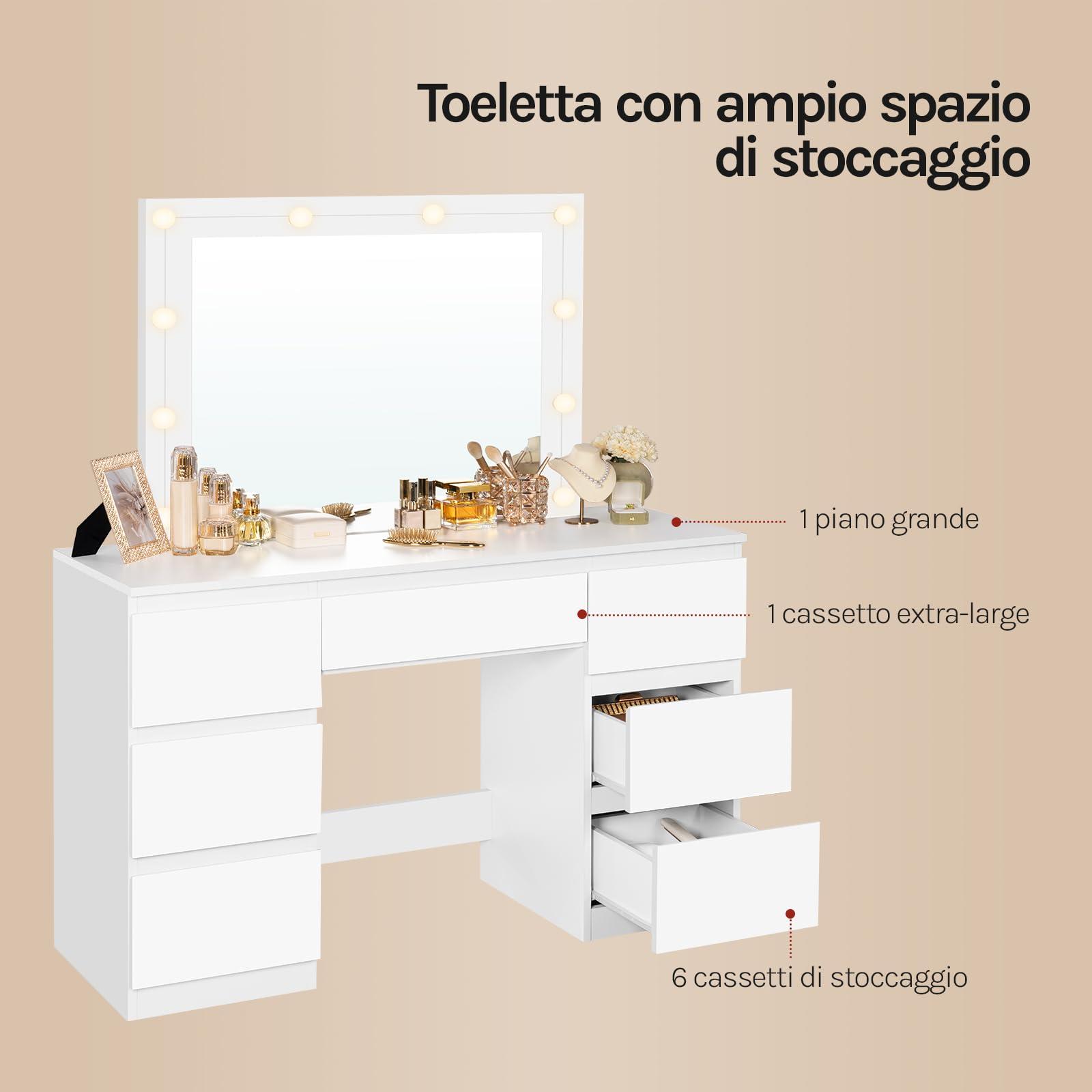 WOLTU Grande toeletta da trucco, Toeletta con Specchio e Luci, Tavolo da trucco con specchio, Postazione Trucco con 7 cassetti per Camera da Letto, bianco, 107 cm