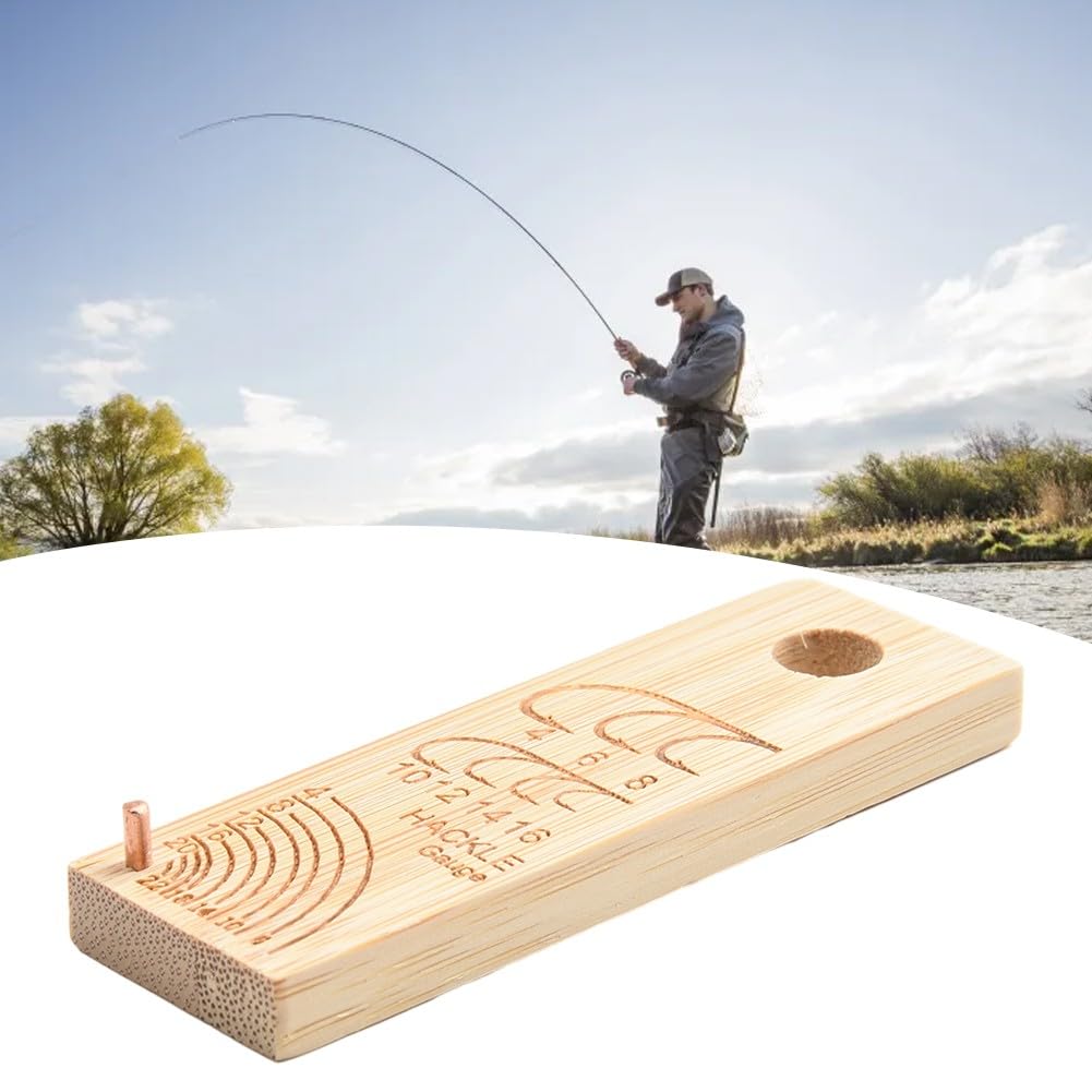 Calibro per pesca a mosca, strumento di misurazione per ami di dimensioni 4-16 e hackle misure 4-22, accessorio da pesca in legno con design girevole, 76 x 25 mm