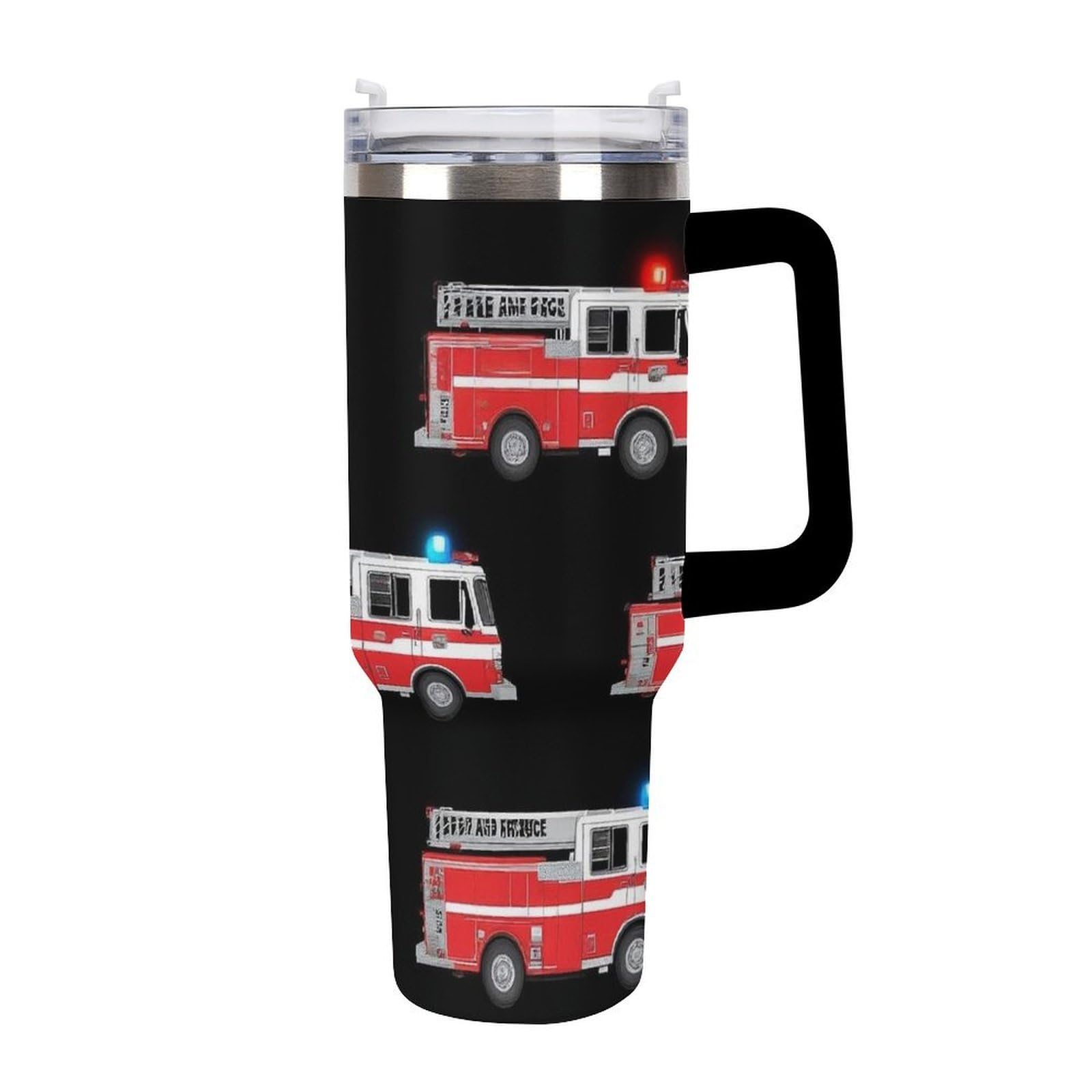 Tasse isotherme homme en inox grand format avec paille pour voyage et bureau motif camion de pompiers