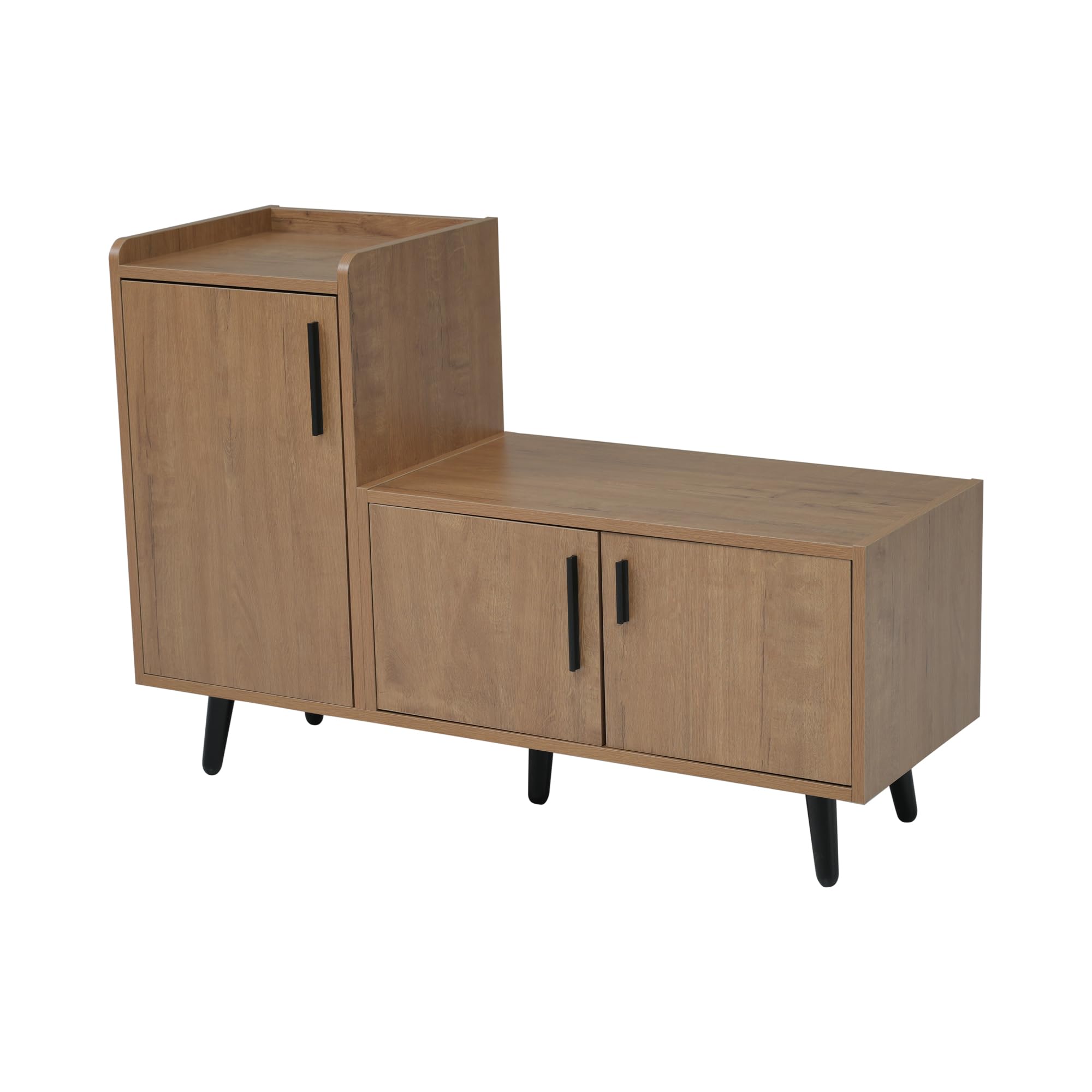 Zapatero moderno con tres puertas de almacenamiento, asas de metal asimétricas, varios niveles para almacenamiento, dimensiones B100/T34/H69 cm, natural