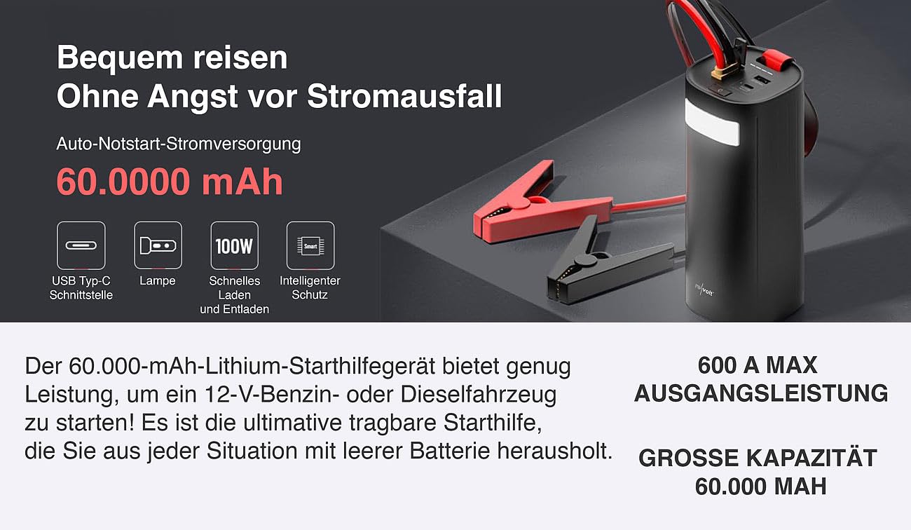 revolt Auto Starthilfe: 3in1-Kfz-Starthilfe & Powerbank, LiFePO4, 60 Ah, 600 A, 100 W PD, LED (Booster, Starter, Jump)