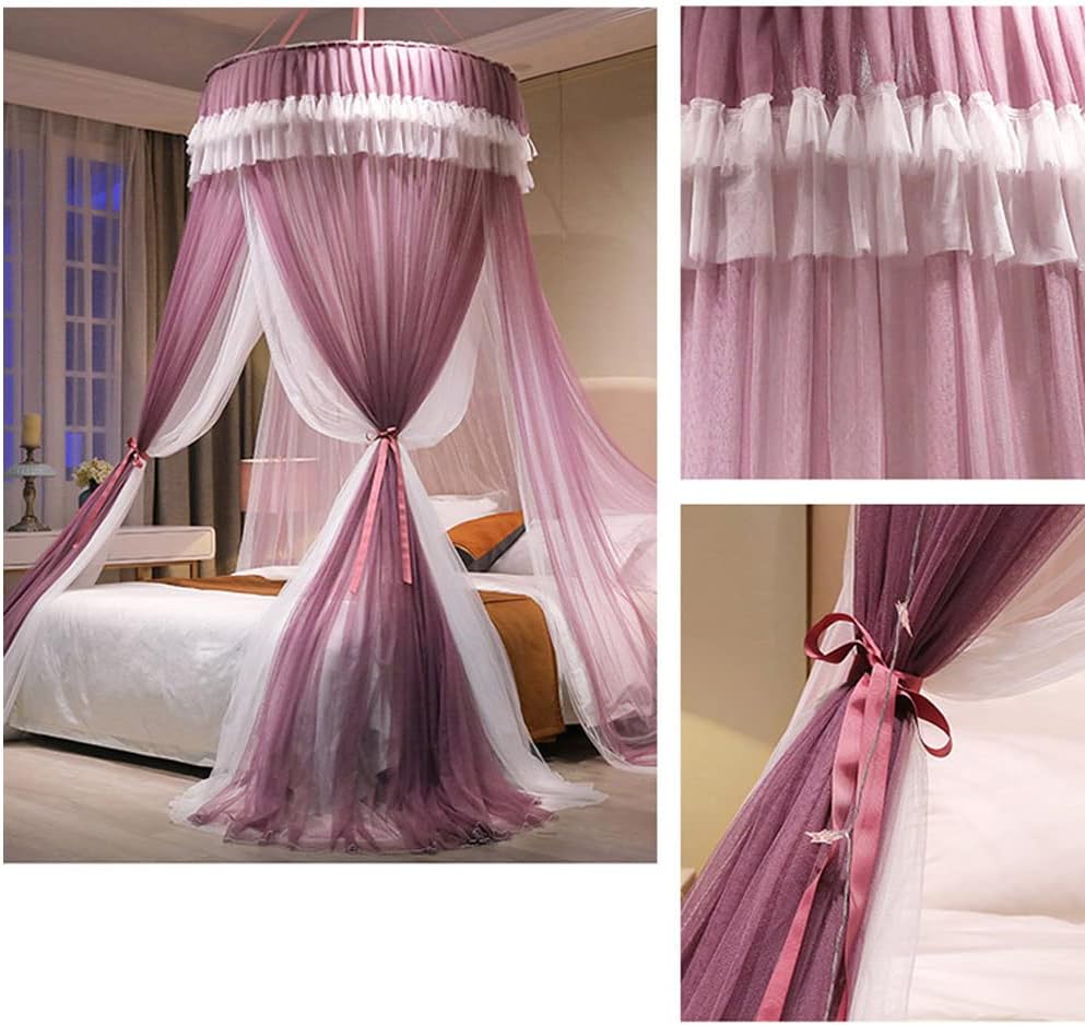 Bed Canopy for Girls & Adults, Elegant Double Layer Bed Curtain Canopy Drapes, Round Dome Lace Princess Canopies Netting (Purple)