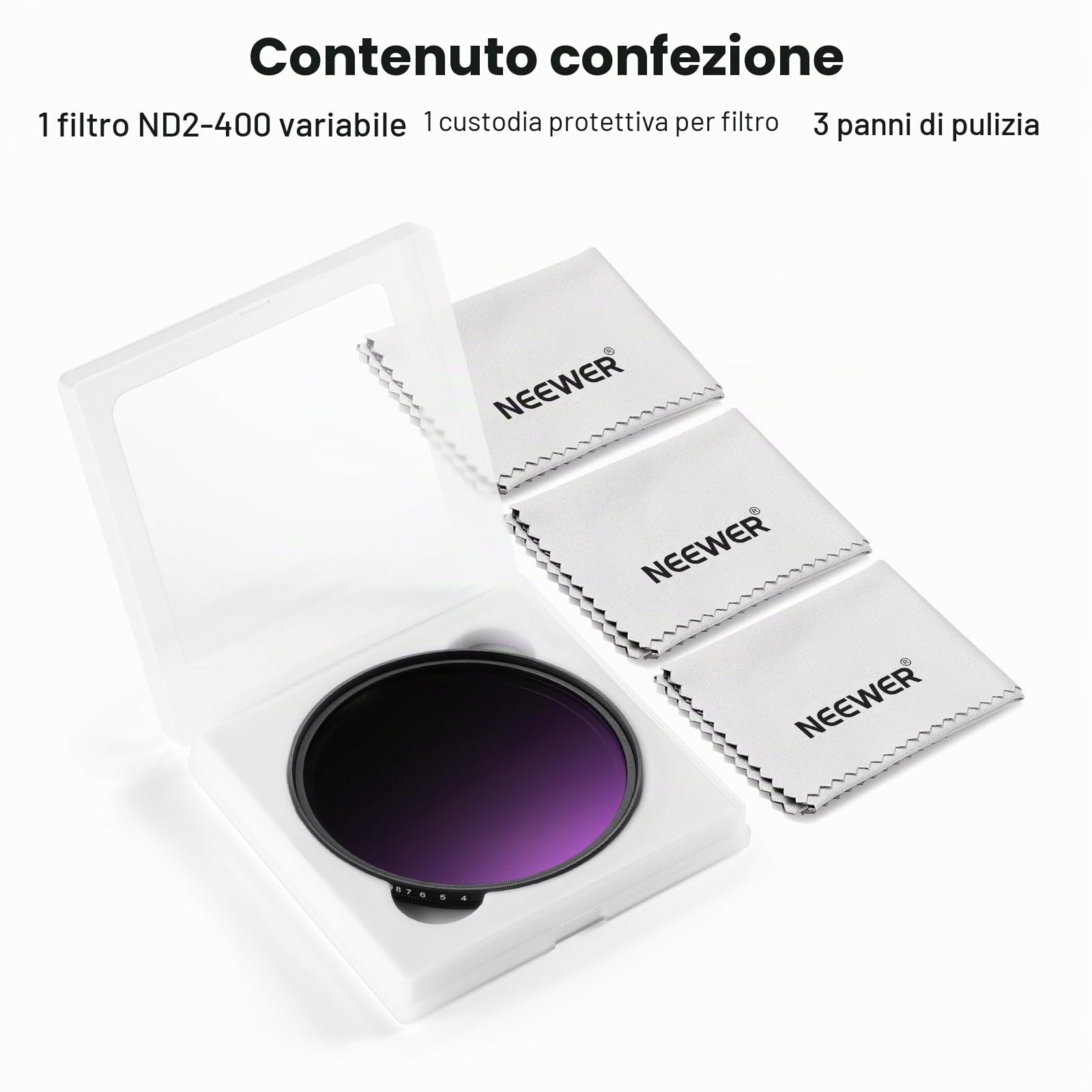 NEEWER 82mm Filtro ND Variabile, ND2-400 (1-9 Stop) Filtro a Densità Neutra Variabile Rotante Regolabile per Lente Fotocamera in Vetro Ottico Multistrato per Bilanciamento Esposizione, 3 Panni Pulizia