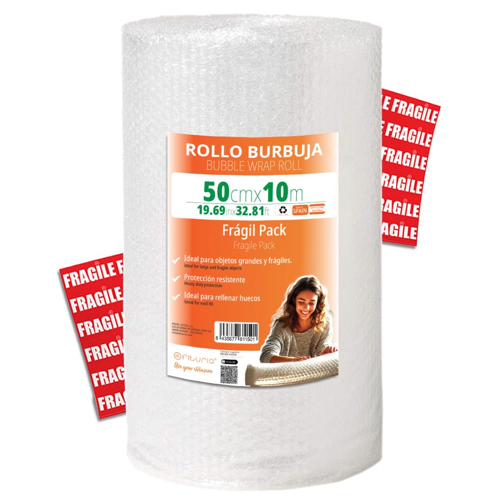 OFITURIA 50cm Bubble Wrap Roll - Fragile Pack with Flexible Bubble Film - Ideal for Moving Packaging Kits, Moving, Shipping Protection