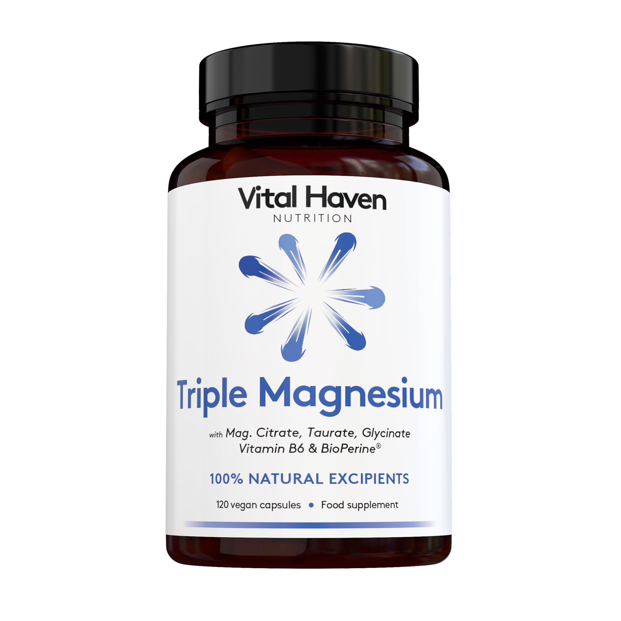 Complex Triple Action Formula - Magnesium Citrate + Glycinate + Taurate and Vitamin B6 with Bioperine for Maximum Absorption - Max Potency - Premium Ingredients - Vegan - Made in The UK