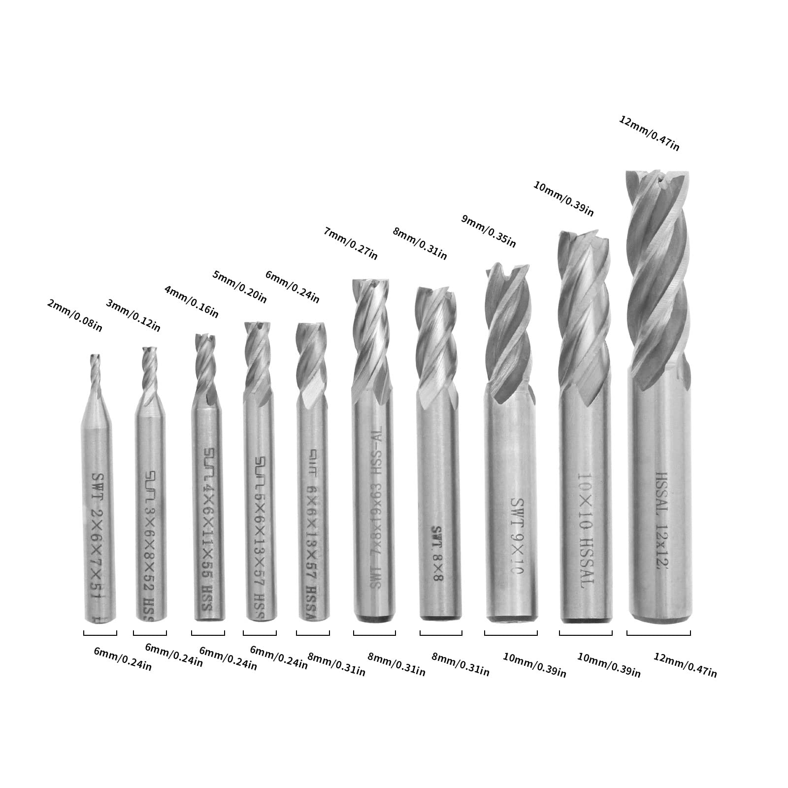 ECSiNG 10pcs HSS 4 Flûte Kit de Fraise en out à Queue Droite 2/3/4/5/6/7/8/9/10/12mm Dia 6mBm 8mm 10mm 12mm Poignée pour Bois Aluminium Acier Titane