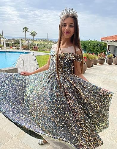 Sequin Flower Girl Dresses for Wedding Off Shoulder Sparkly Pageant Dress for Girls Ball Gown Kids Dress4