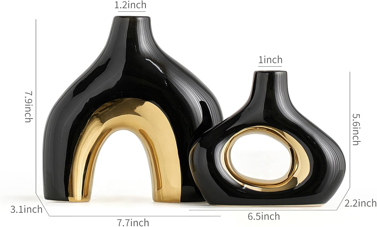 Octdays Black Gold Ceramic Vase: Modern Boho Donut Vase Set of 2 for Home Decor Minimalist Round Vases for Living Room Centerpiece Table Kitchen Office Decoration